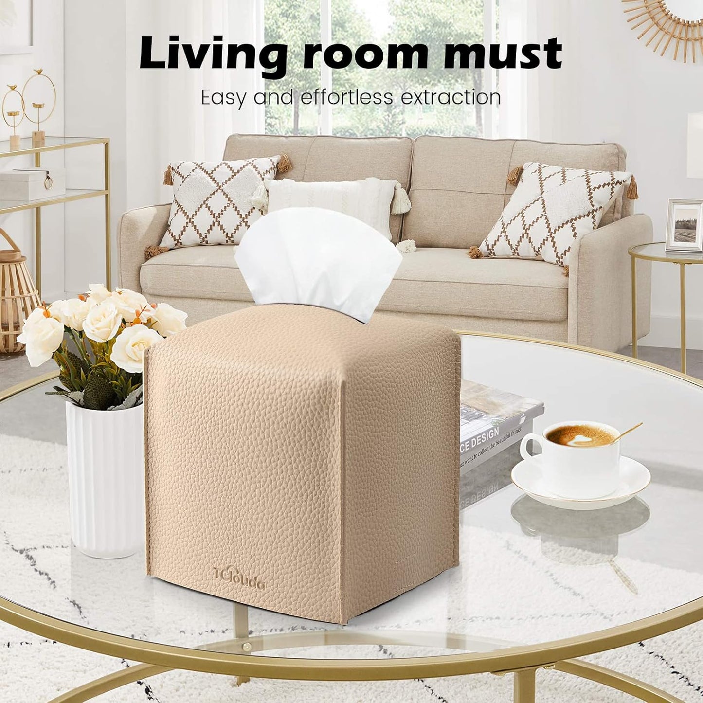 Tissue Box Cover, Tclouda, Modern PU Leather Square Tissue Box Holder for Creative Decorative, Ideal for Bathrooms/Office/Car/Nightstand/Outdoor Tent/Dining Table, 5"X5"X5", Single Beige