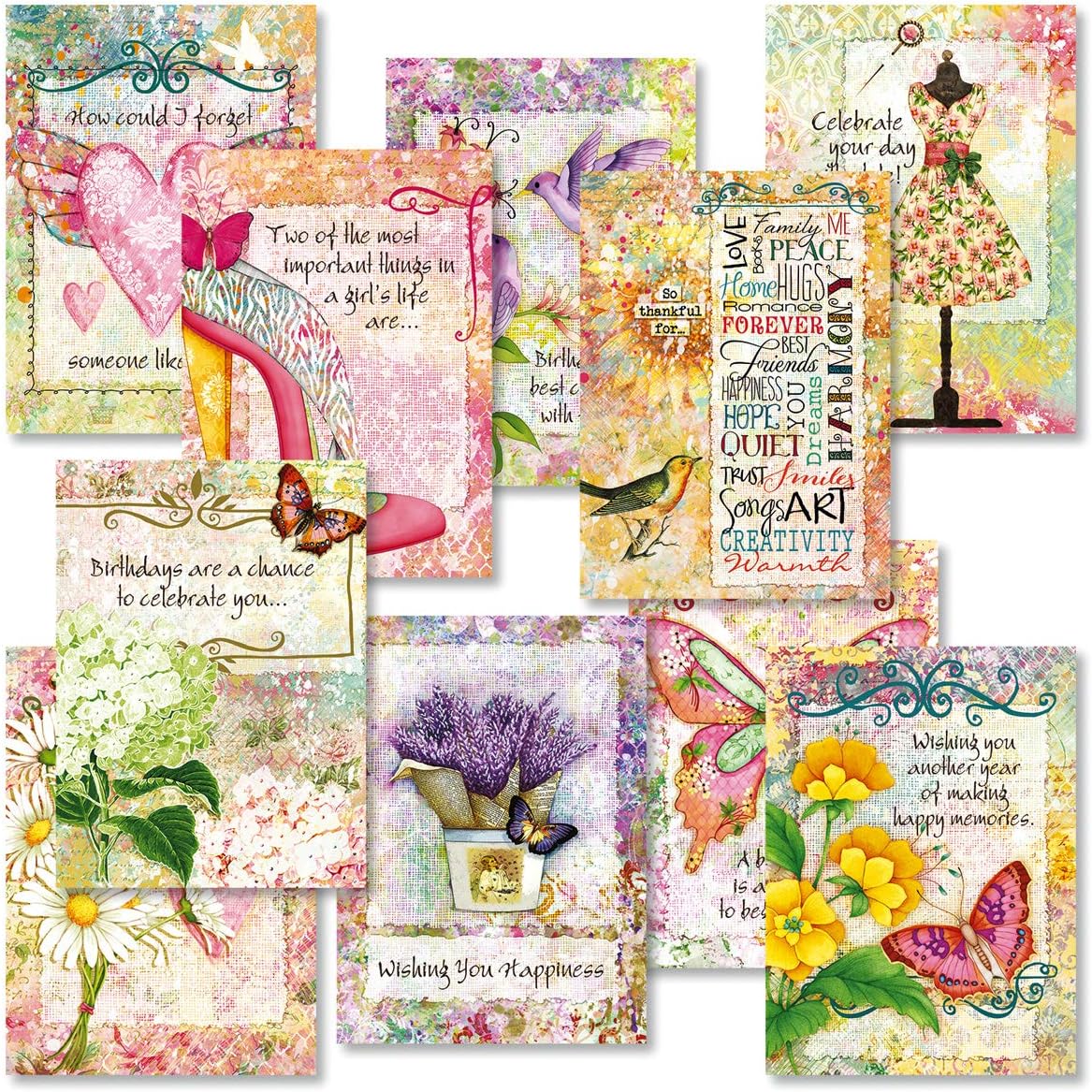 Current Joy Hall Dream On Happy Birthday Greeting Card Set - Value Pack of 20 Cards With White Envelopes, 10 Designs, Large 5" x 7" Assortment