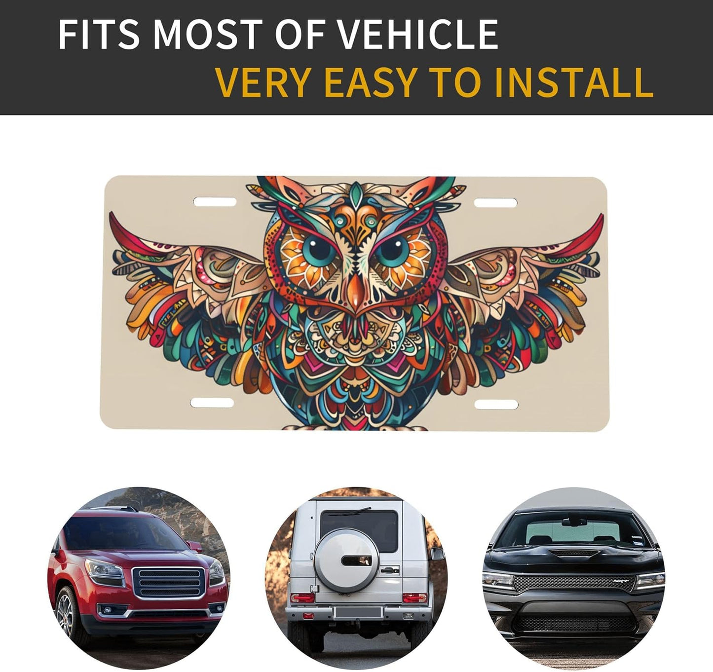Front License Plate for Car Designs Ethnic Abstract Animals Owl Stainless License Plate Cover Holder for Men Women Metal Aluminum Decorative Accessory Vanity Tag Standard 6 X 12 Inch (4 Holes)