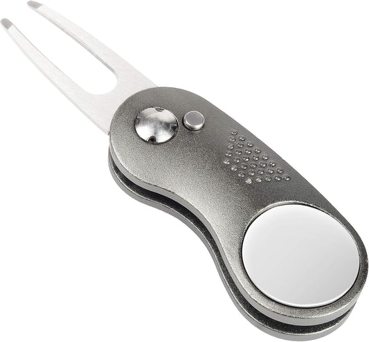 Mile High Life Golf Divot Repair Tool, All Metal Foldable Divot Tool with Pop-up Button & Magnetic Ball Marker