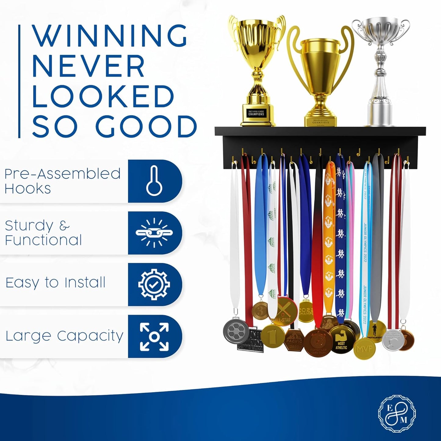 EVERMORE Medal Hanger Display and Trophy Shelf with Hooks - Wooden Medal Holder for Wall Mount Ribbon Display, Trophy Display Shelf for Gymnastics, Soccer, Running Race Medals Awards Rack