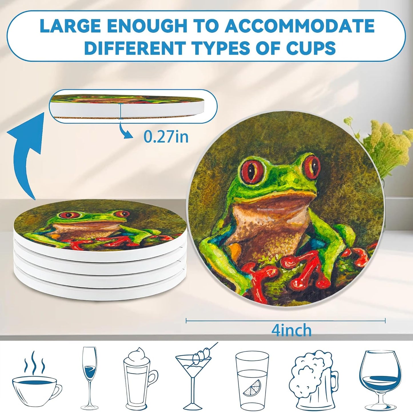 Drinks Coasters Set of 4, Tree Frog Round 4" Cup Coasters, Absorbent Ceramic Stone Coasters with Cork Base, Cute Coasters for Table Home Décor, Ideal Gifts for Women Men