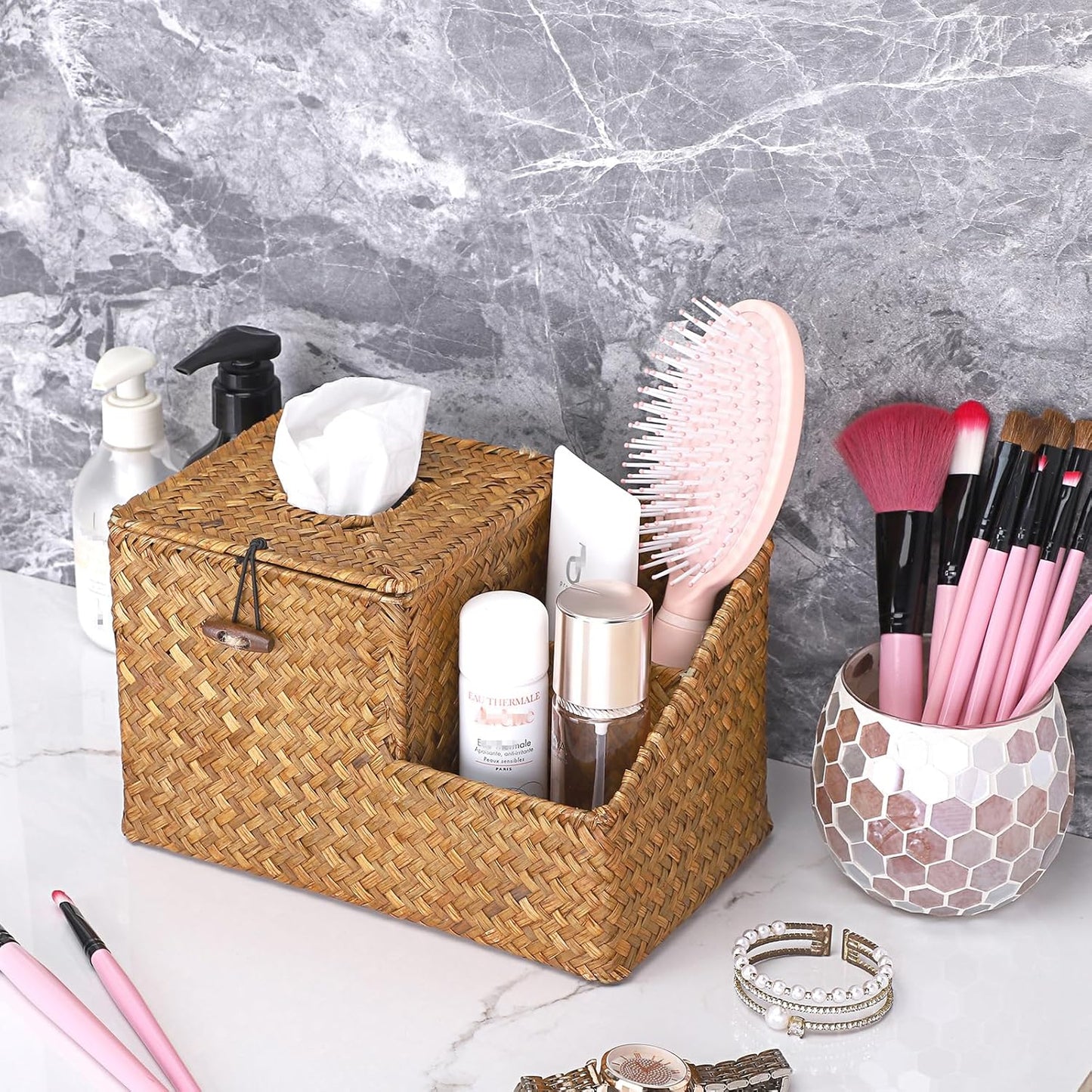 Sumnacon Square Woven Tissue Box Cover - Decorative Cube Tissue Box Holder with Side Organizer, Rustic Seagrass Tissue Box for Living Room Vanity Night Stand Table Countertop Office,Caramel