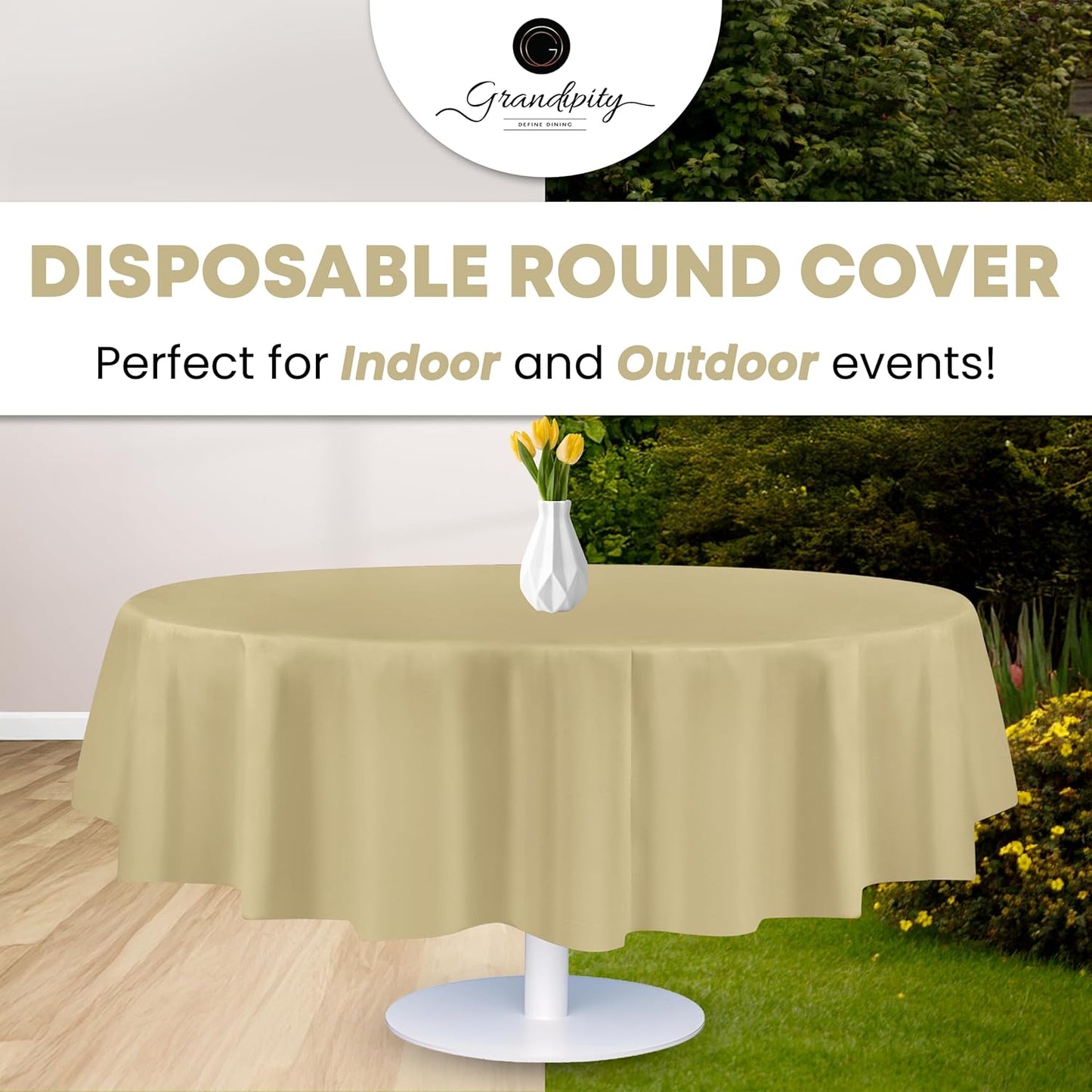 Grandipity 12 Pack Premium Disposable Plastic Tablecloth 84" Inch Decorative Round Table Cover - Beige