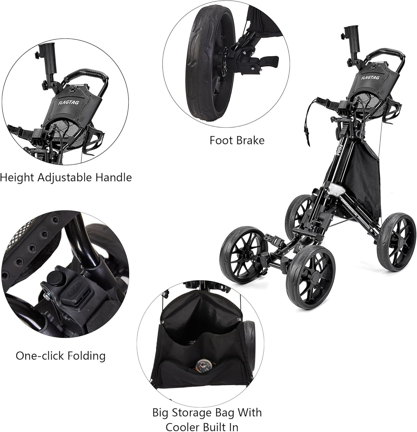 Golf Push Cart 4-Wheels,Folding Golf Cart, Golf Pull cart with Cup Holder,Umbrella Holder,Cooler Bag, Foldable with one-Click,Handle Height Adjustable,Drink Holder,Walking Push cart