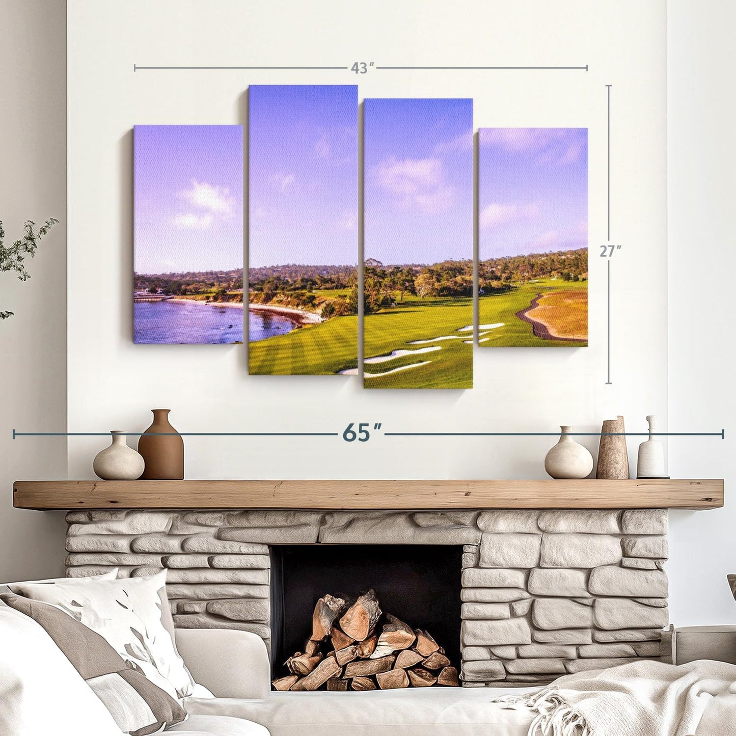 Elephant Stock Coastline Green Golf Course Wall Art - Horizontal Canvas - 4-Piece Living Room Wall Decor - Photography Sports Canvas Print - Blue and Gray Decor for Wall - 43" X 27"