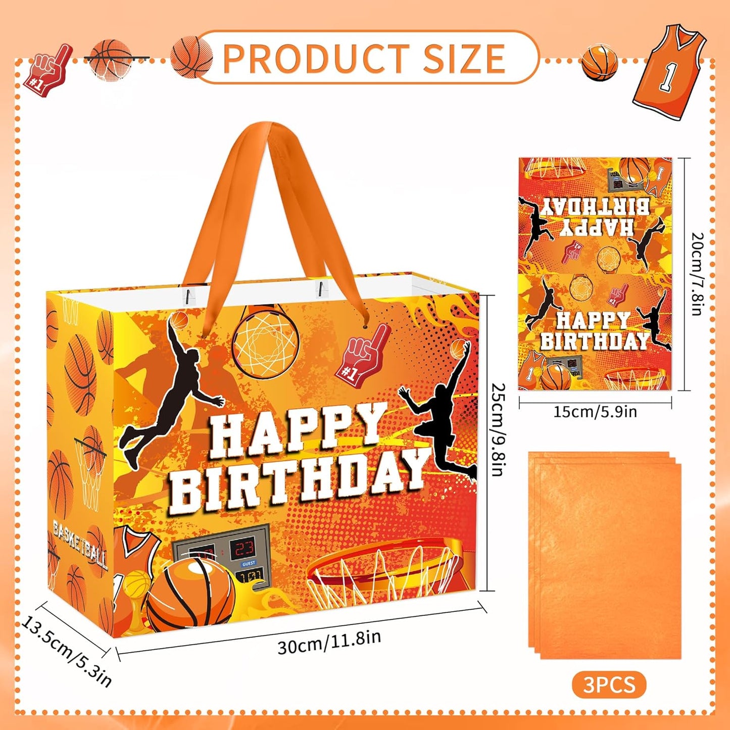 EoBeCy Basketball Birthday Gift Bags with Handles, Tissue Paper and Card, Orange Happy Birthday Wrapping Paper, Large Basketball Gift Bags for Teen Boys Girls Kids Men Sports Themed Party Favors