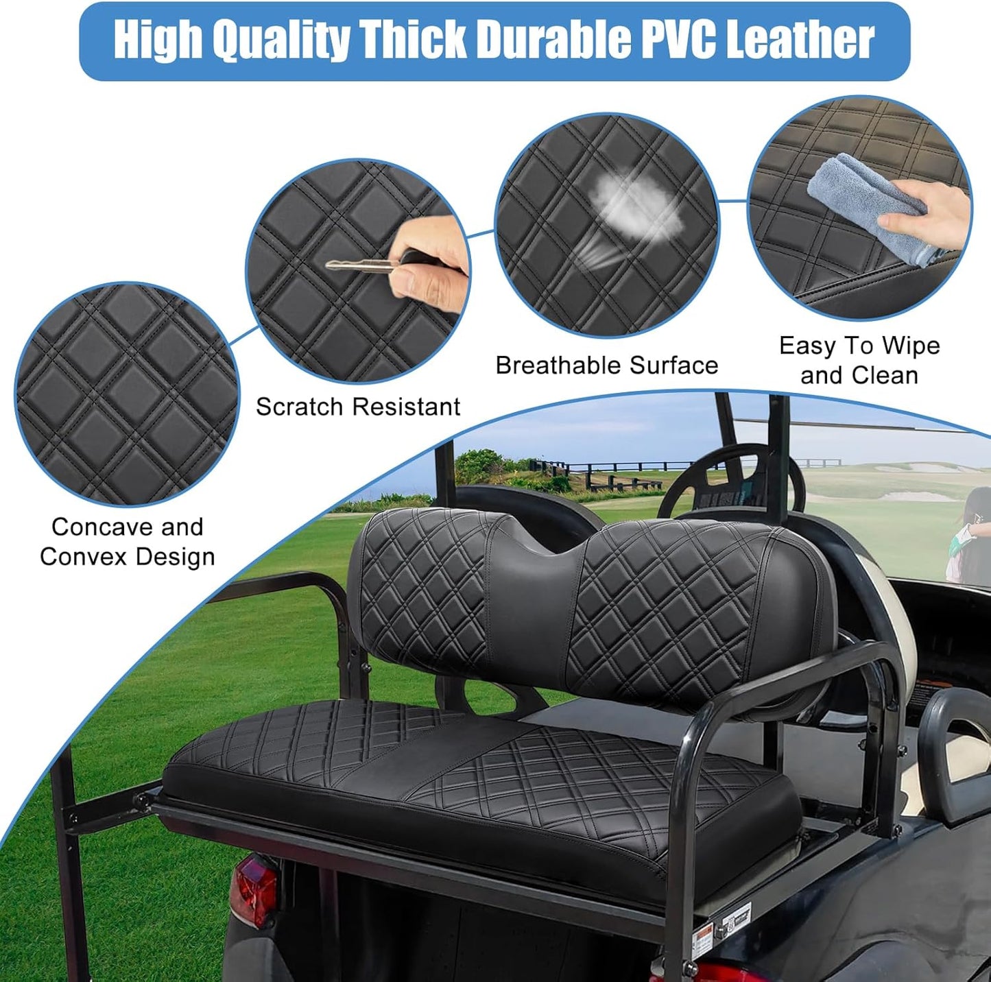 MOSNAI Golf Cart Rear Seat Covers for EZGO Club Car Yamaha Aftermarket Rear Seat Cushion, Rear Seat Cover with Concave and Convex Design, Thick Vinyl Leather Comfortable, Breathable & Easy to Clean