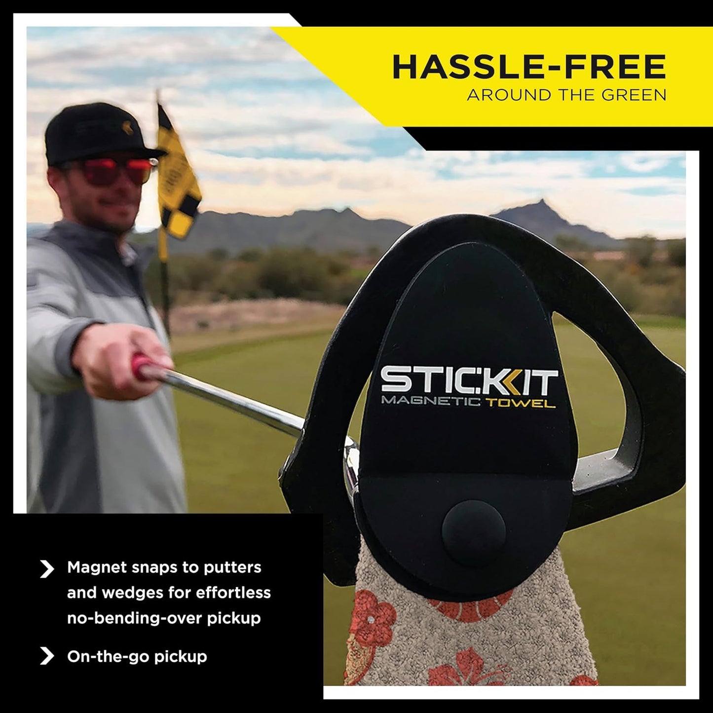 STICKIT Magnetic Sandy Tiki Golf Towel | Top-Tier Microfiber Golf Towel with Deep Waffle Pockets | Industrial Strength Magnet for Strong Hold to Golf Carts or Clubs