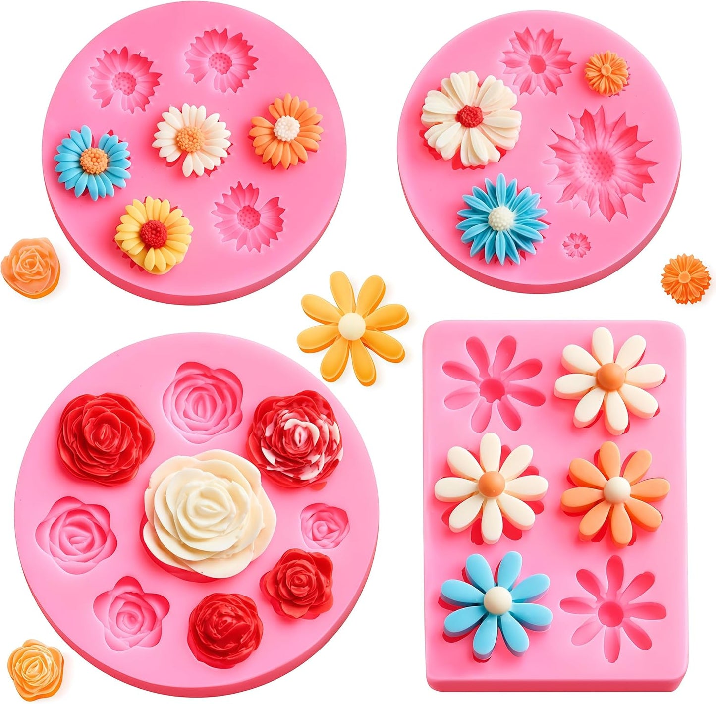 4 Pcs Flower Silicone Fondant Molds, Daisy Rose Flower Chocolate Candy Molds for Cupcake Topper, Cake Pop Decoration and Clay Craft Making