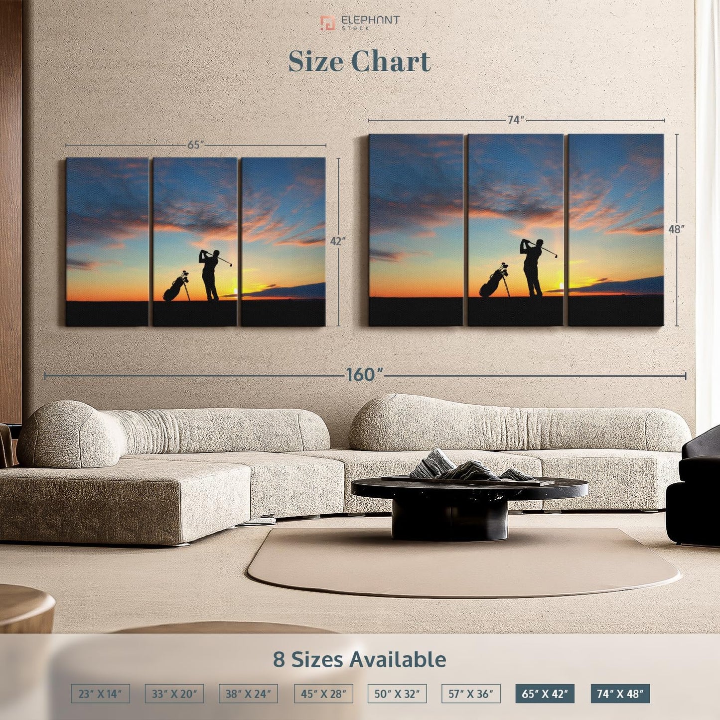 ElephantStock Golfing At Sunset Wall Art - Horizontal Canvas - 3-Piece Living Room Wall Decor - Golf Photography Canvas Print - Black and Orange Decor for Wall - 65" X 42"