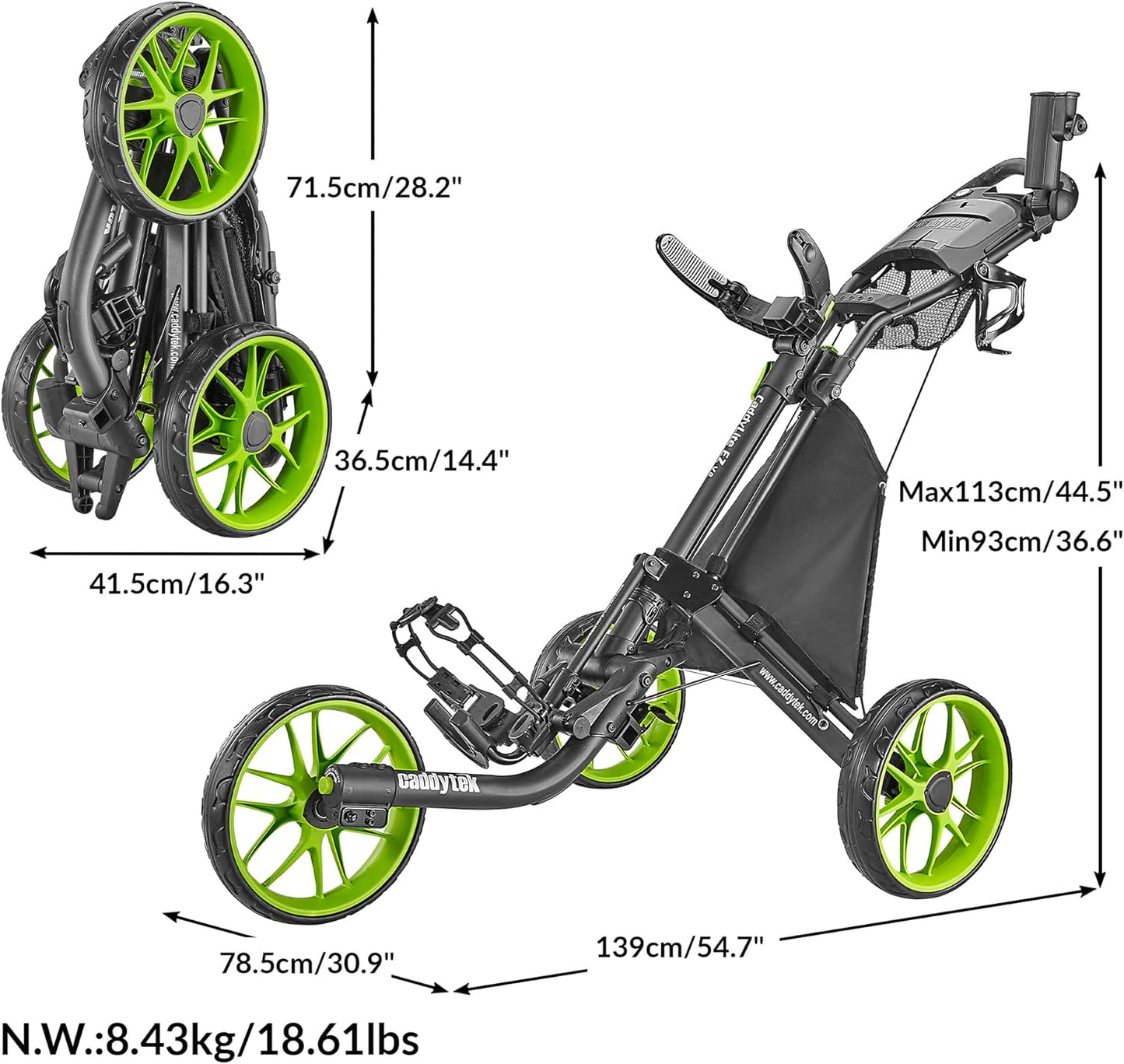 Caddytek CaddyLite EZ V8 Golf Push Cart - Lightweight 3 Wheel Foldable Cart with One-Click 2-Step Folding, EVA Wheels, Adjustable Handle, Cooler Basket, Umbrella & Drink Holder, Compact Golf Cart