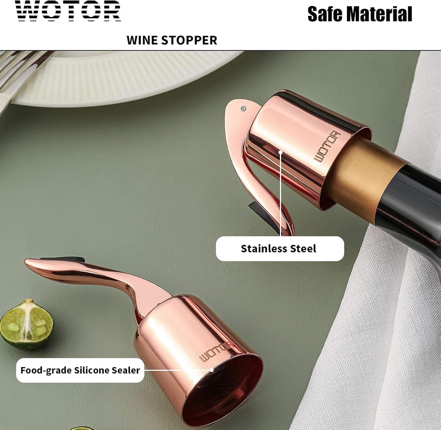 WOTOR Stainless Steel Wine Bottle Stoppers with Silicone - Reusable Wine Saver and Decorative Bottle Sealer, Leakproof, Keep Fresh, Rosegold, 2 Pack