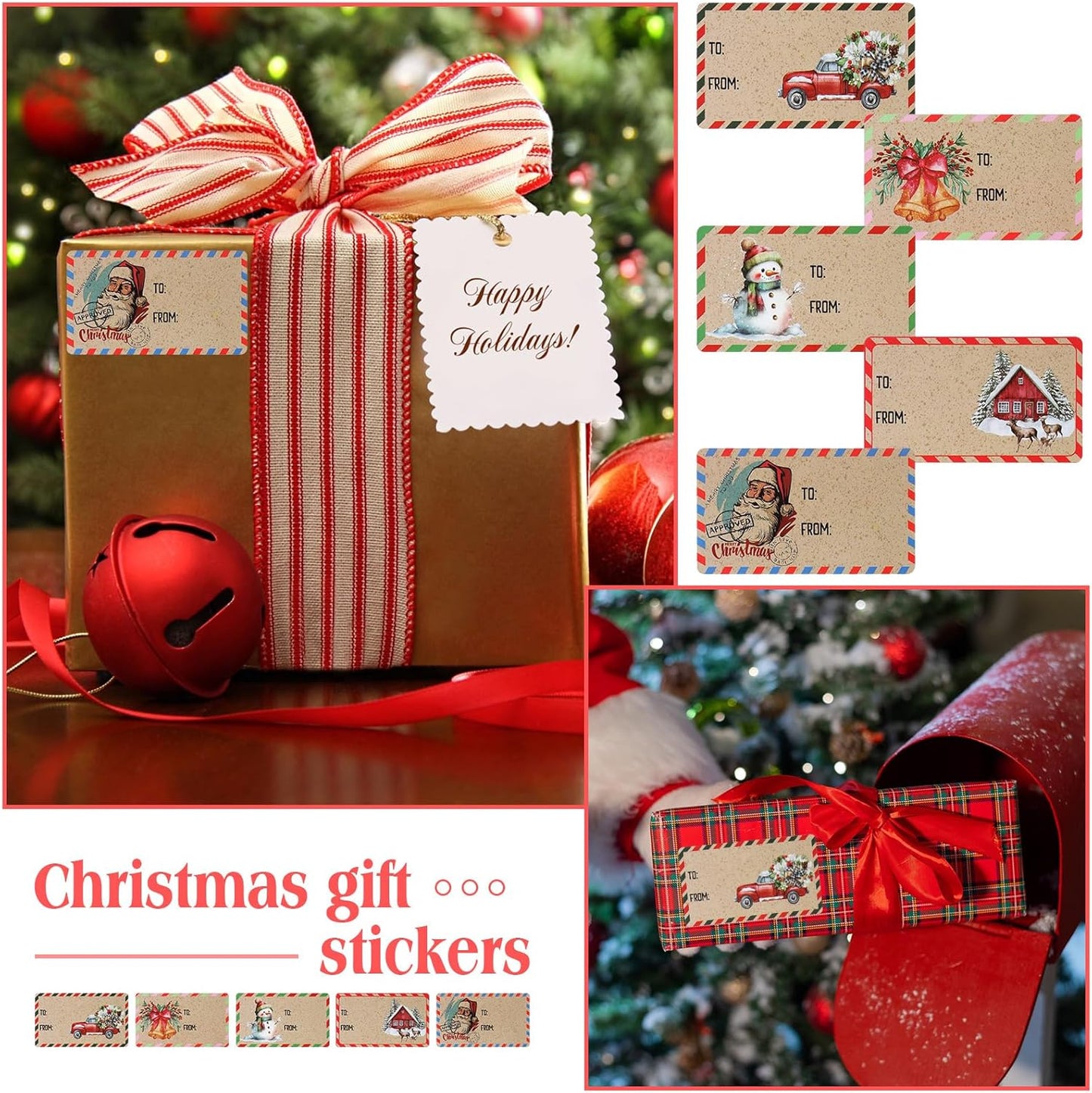 Outus 500 Pieces Christmas Tags Self Adhesive Gift Tags for Xmas Presents Christmas Name Labels Stickers for Wrapping Paper Festival Birthday Holiday Decor(Retro Style,2.76 x 1.57 Inch)