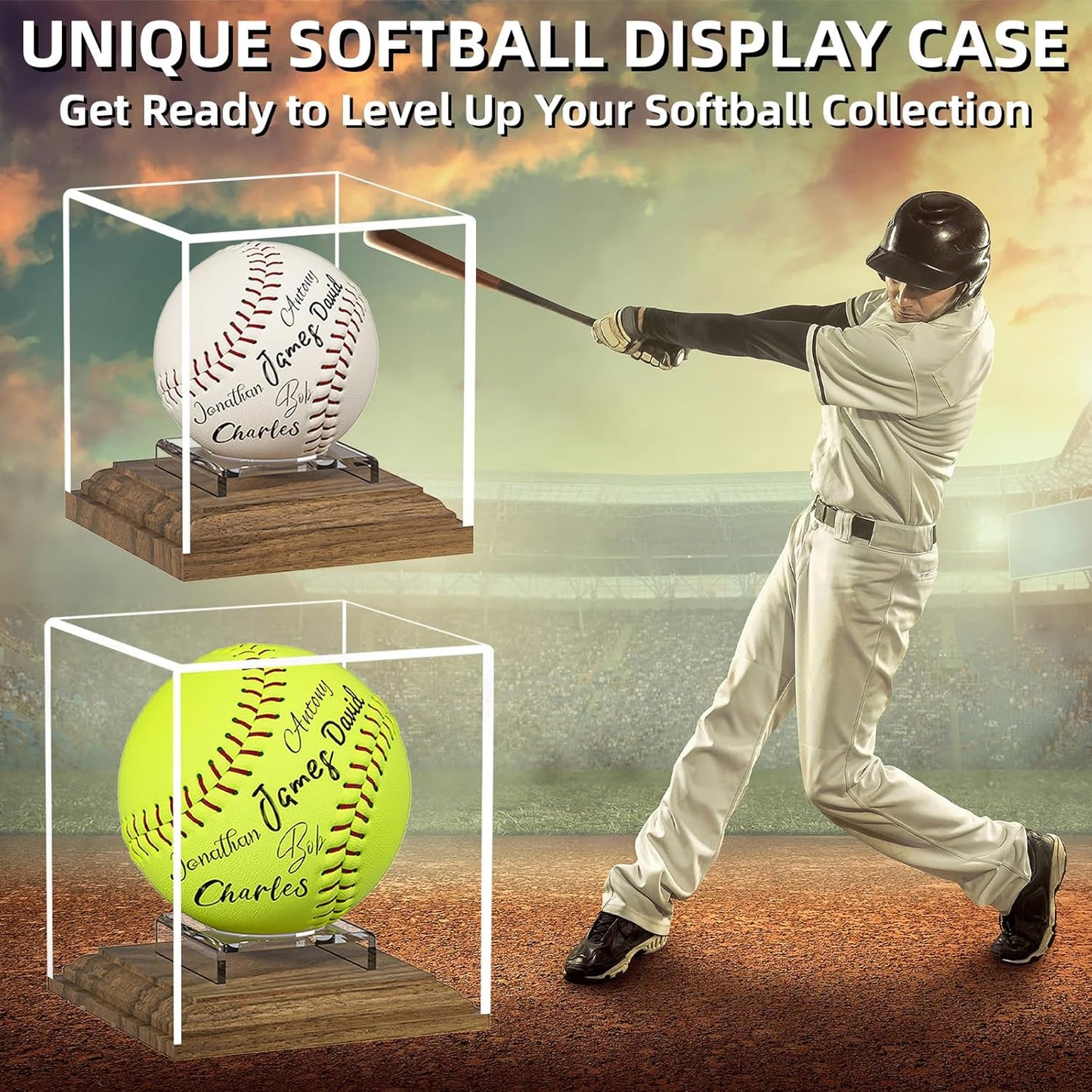 Softball Display Case Walnut Wood Base Acrylic Softball Case Display Softball Holder Stand Cube Memorabilia Showcase Autograph Ball Protector for Official Size Ball Display