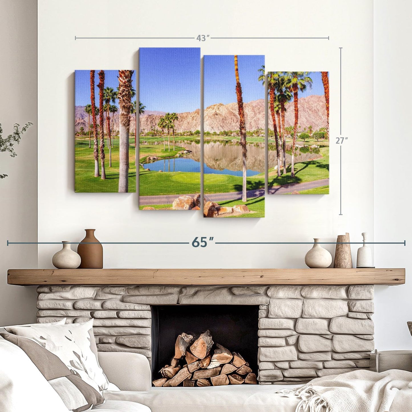 ElephantStock La Quinta Golf Course Wall Art - Horizontal Canvas - 4-Piece Living Room Wall Decor - Photography Sports Canvas Print - Beige and Brown Decor for Wall - 43" X 27"