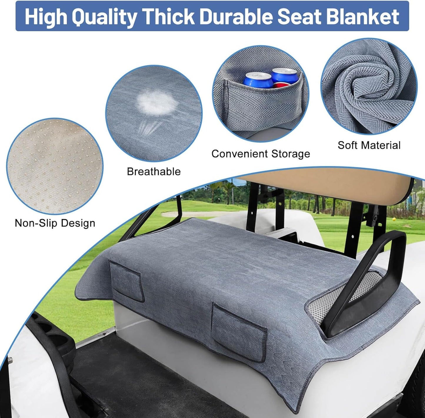 MOSNAI Golf Cart Blanket Seat Covers with 2 Pockets for Club Car DS Precedent EZGO TXT RXV Front Seat, Golf Cart Towel/Cloth Seat Cover Heavy Duty Breathable Washable Polyester Mesh Cloth