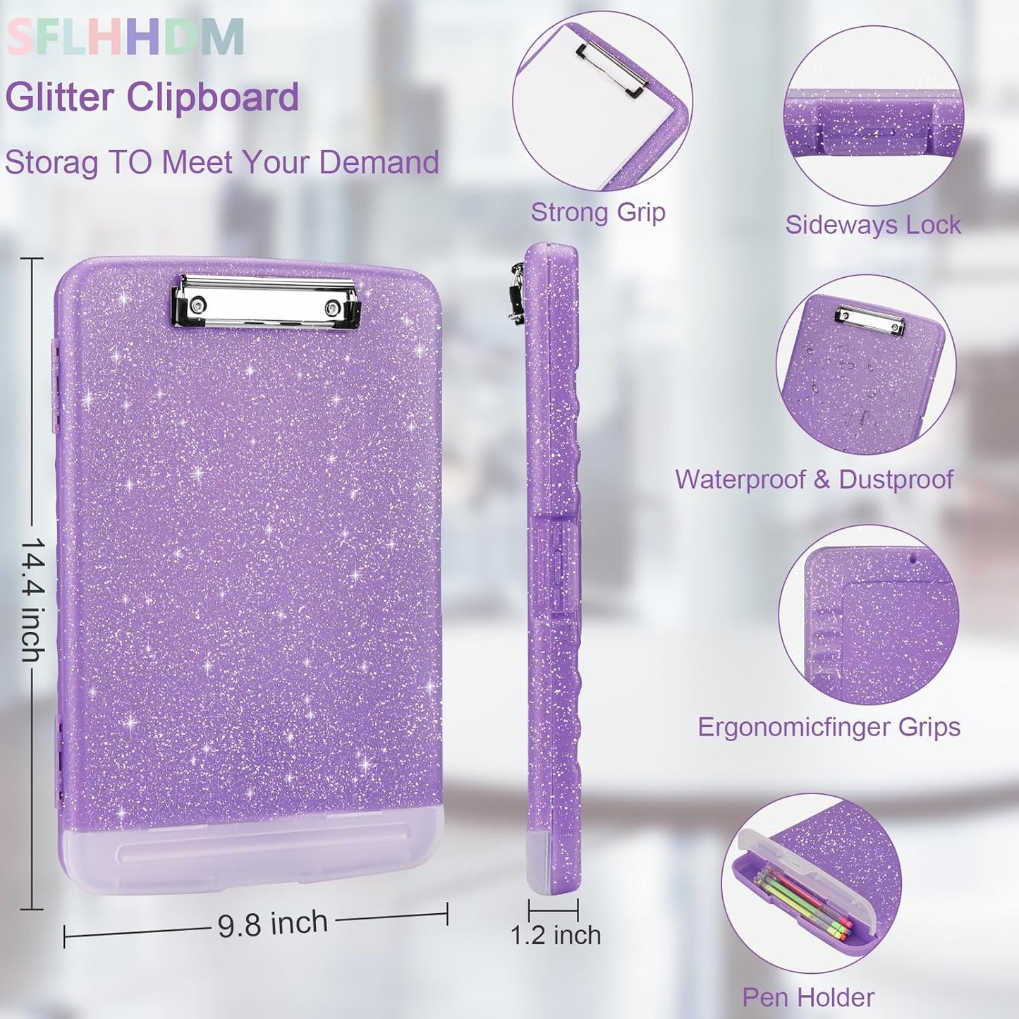 Glitter Clipboard with Storage,Storage Clipboard with Pen Holder,A4 Binder Clip Boards 8.5x11 with Low Profile Clip,Side Opening Sparkle Clipboards, Clipboards Folder for Office Supplies-Pale Purple