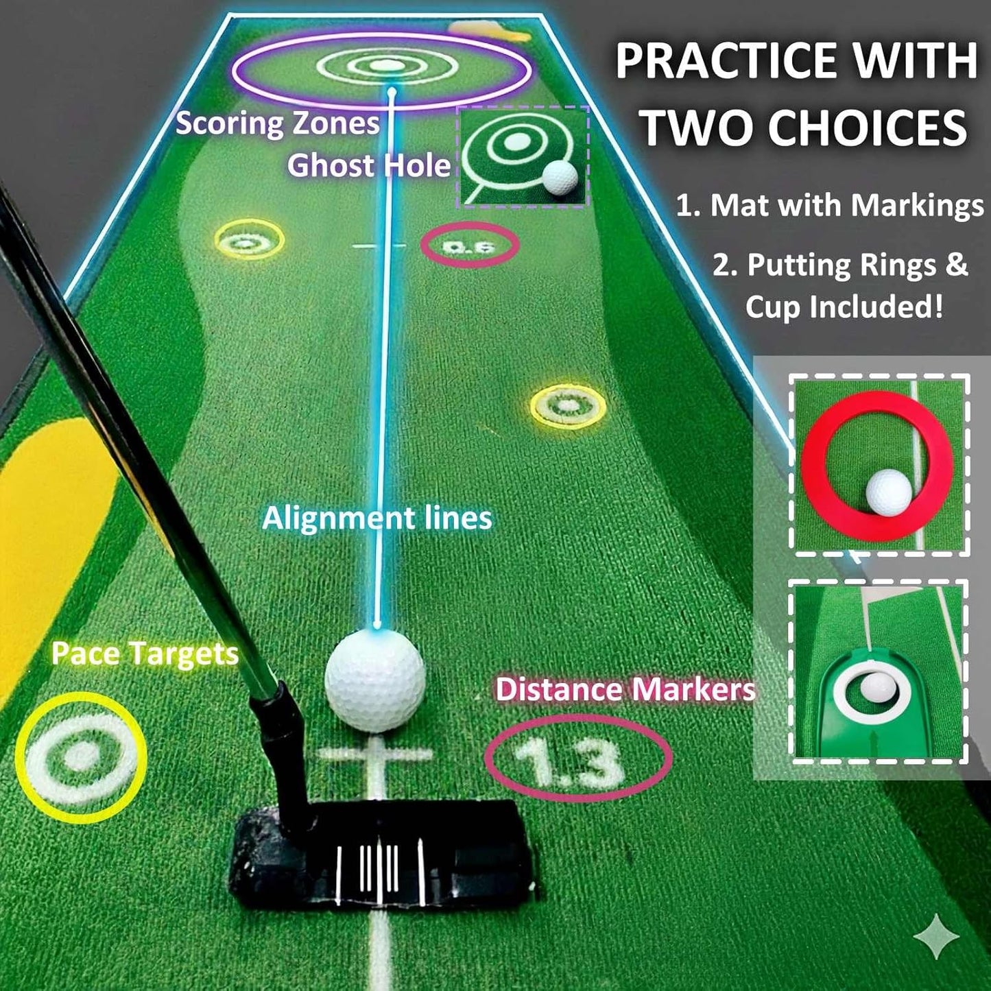 10ft Putting Green Indoor, Golf Putting Mat with Putting Mirror, Storage Bag, Putting Cup, Putting Ring, Roller Brush, Golf Mats Practice Outdoor & Indoor Use, Golf Gifts for Men Golfers