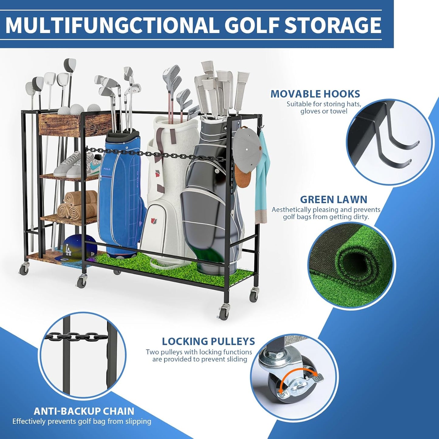 Golf Bag Organizer Garage Sports Equipment Organizer Golf Bag Stand Golf Club Storage Rolling Wheels Breaks Large Capacity Heavy Duty Golf Stand