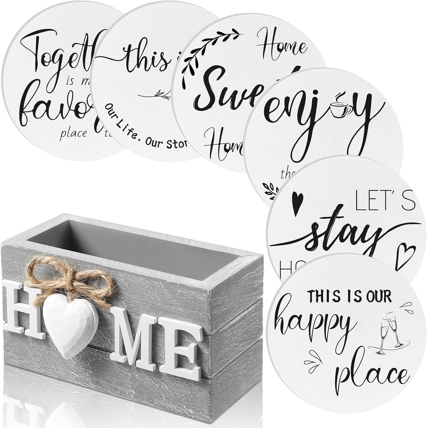 Queekay Housewarming Gifts for Home Decoration Wooden Heart Coasters for Drinks 6 Set Farmhouse Coasters with Holder Funny for Family Coffee Table Protection, 4''(White,Gray)