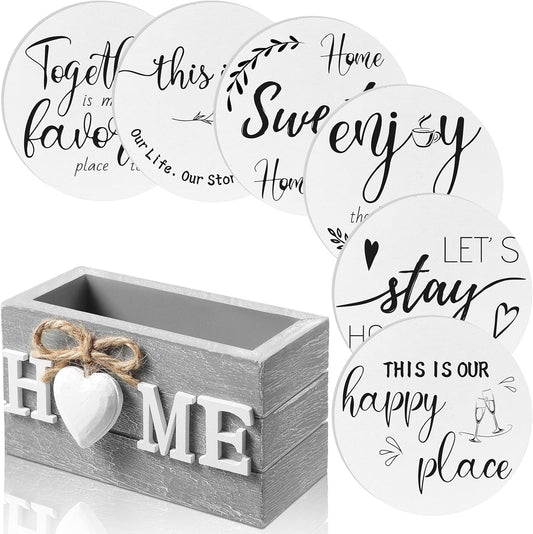 Queekay Housewarming Gifts for Home Decoration Wooden Heart Coasters for Drinks 6 Set Farmhouse Coasters with Holder Funny for Family Coffee Table Protection, 4''(White,Gray)