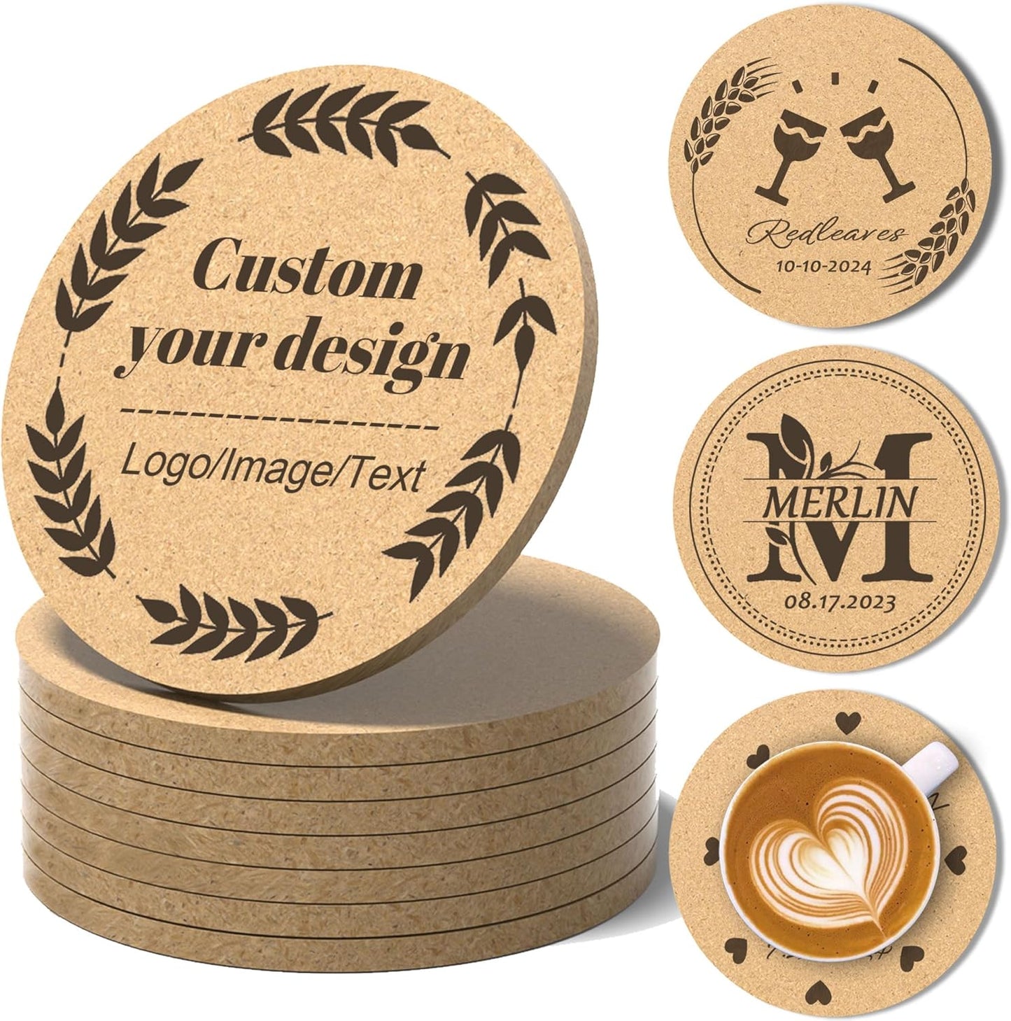 30-100Pcs Personalized Coasters, Custom Cork Drink Coasters with Laser Engraved Text Name Logo, Non-Slip, Heat-Resistant, Custom Wedding, Anniversary, Housewarming Gifts (Regular Version)