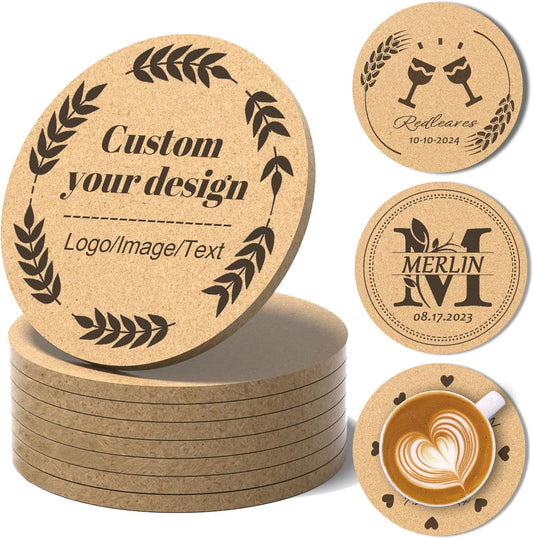 30-100Pcs Personalized Coasters, Custom Cork Drink Coasters with Laser Engraved Text Name Logo, Non-Slip, Heat-Resistant, Custom Wedding, Anniversary, Housewarming Gifts (Regular Version)