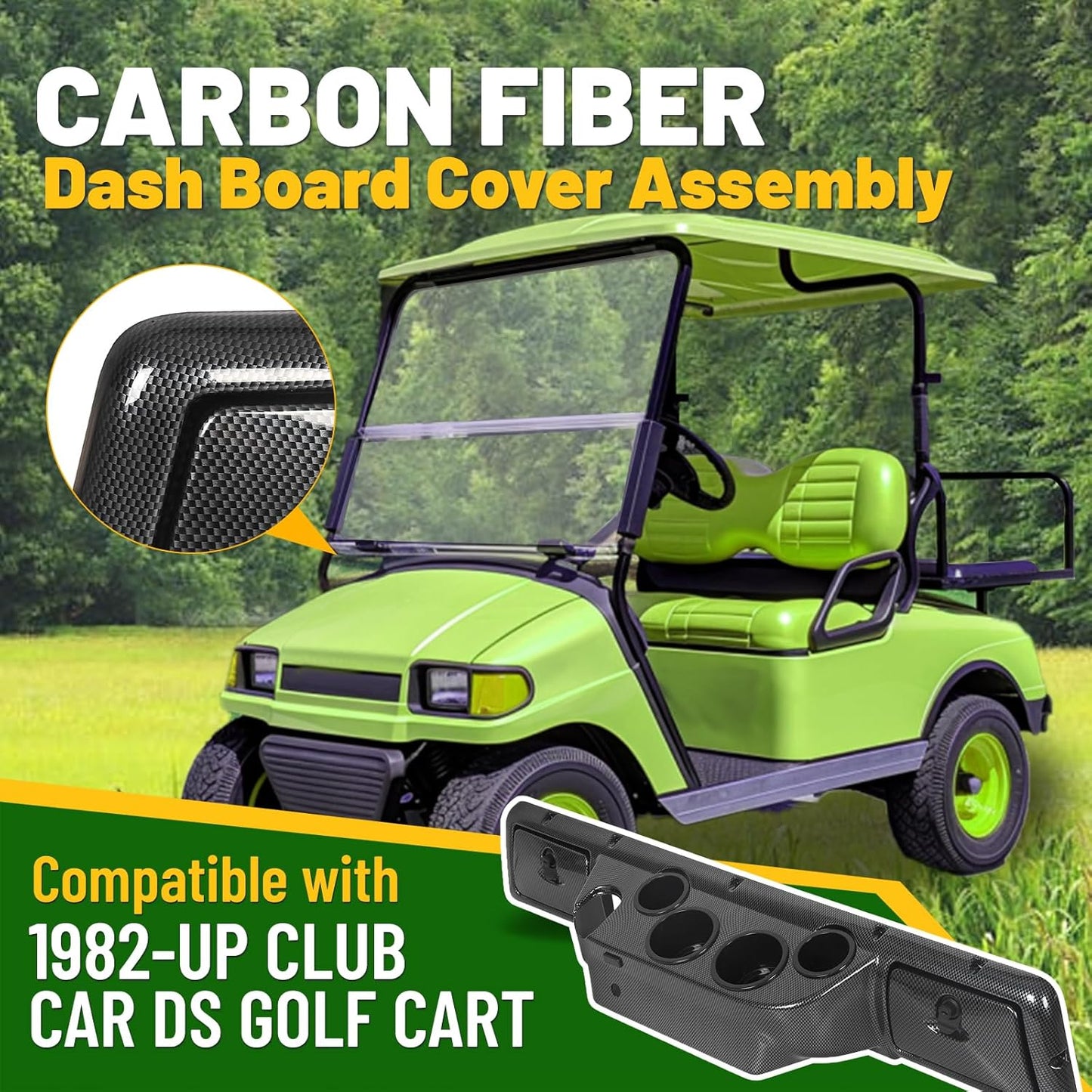 HECASA Dash Board Cover Assembly Compatible with 1982-Up Club Car DS Golf Cart Carbon Fiber Style Glove Boxes 4 Cup Holders (DS Models ONLY)