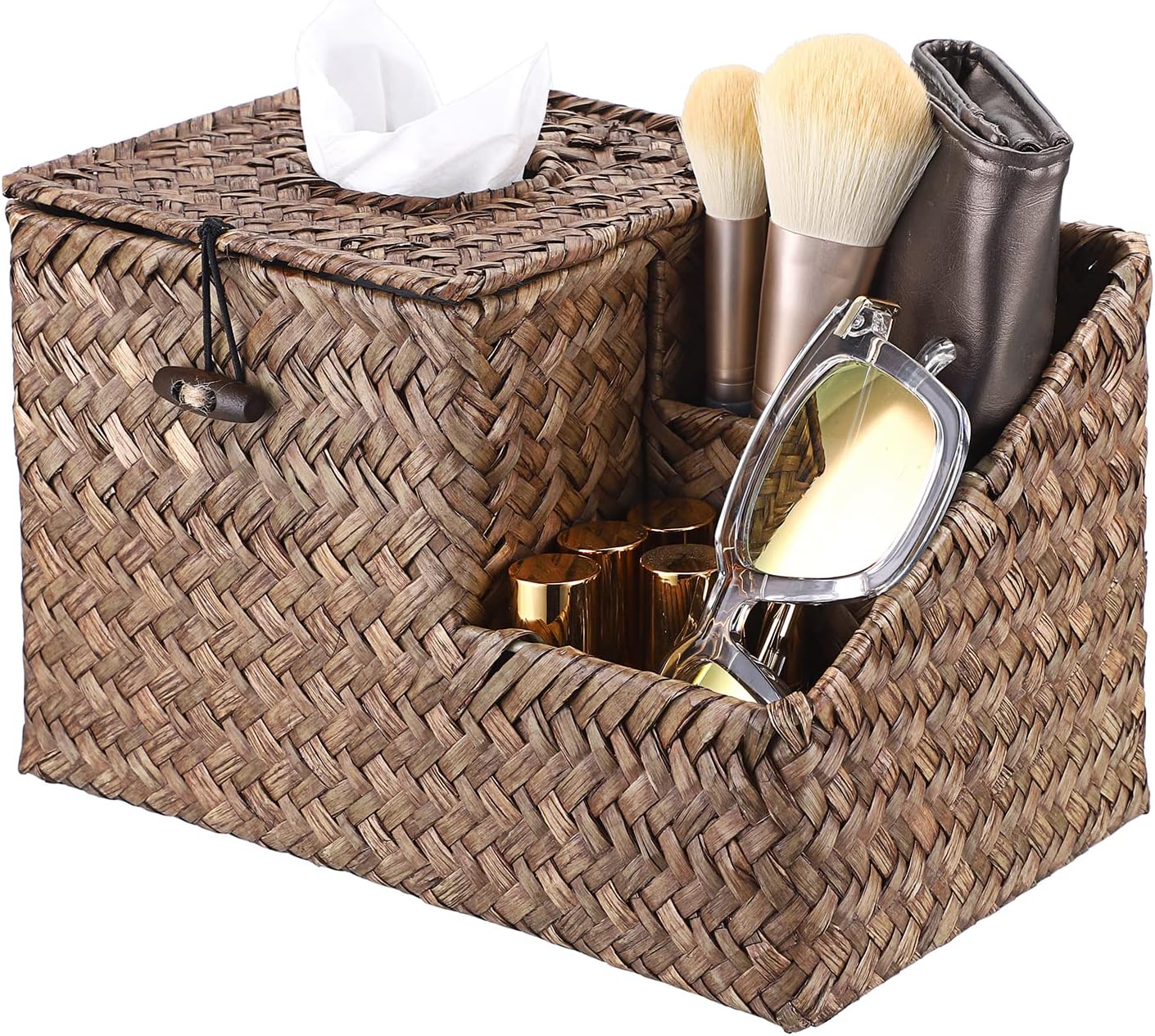 Sumnacon Square Woven Tissue Box Cover - Decorative Cube Tissue Box Holder with Side Organizer, Rustic Seagrass Tissue Box for Living Room Vanity Night Stand Table Countertop Office,Coffee