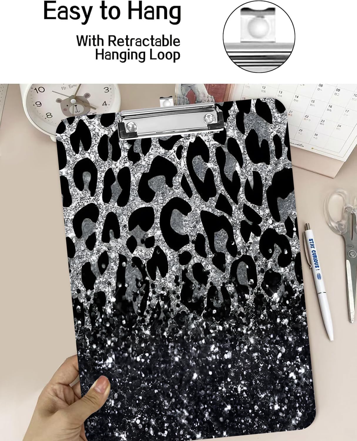 Fashion A4 Clipboard, Standard Letter Size 9" x 12.5", Decorative Wooden Clipboard with Low Profile Metal Clip for Office, School, Teachers, and Students,Luxury Black Leopard