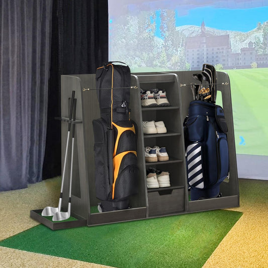 Golf Bag Organizer Storage Rack Large Wooden for 2 Bags, Golf Club Stand Holder with Drawer, Sports Equipment Rack for Garage, Practice Room, Home or Office