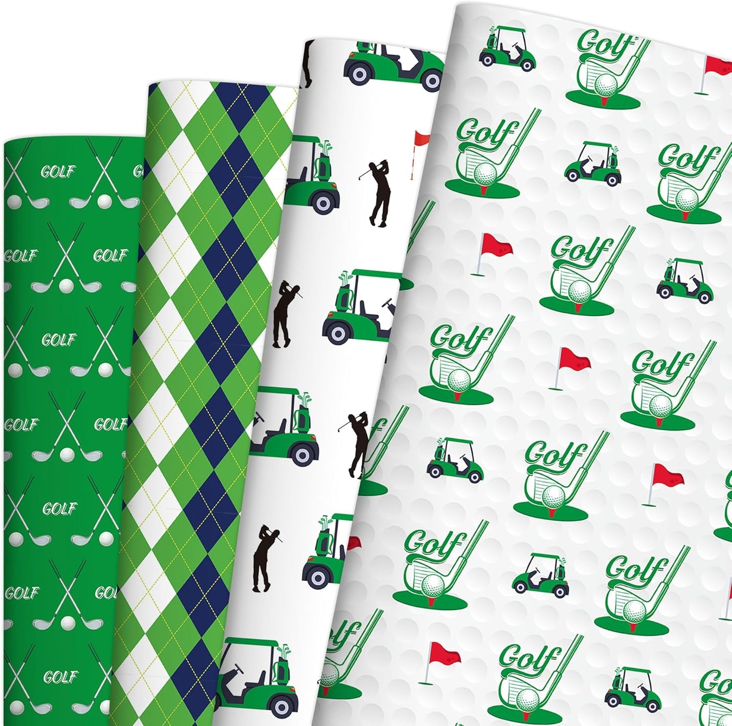 EoBeCy Golf Wrapping Paper for Men Boys, 12 Sheets Folded Gift Wrap with Golf Carts, Flags, Clubs, Green and Blue Argyle Designs, Sports Wrapping Paper for Father’s Day Birthday Retirement, 20"×28"
