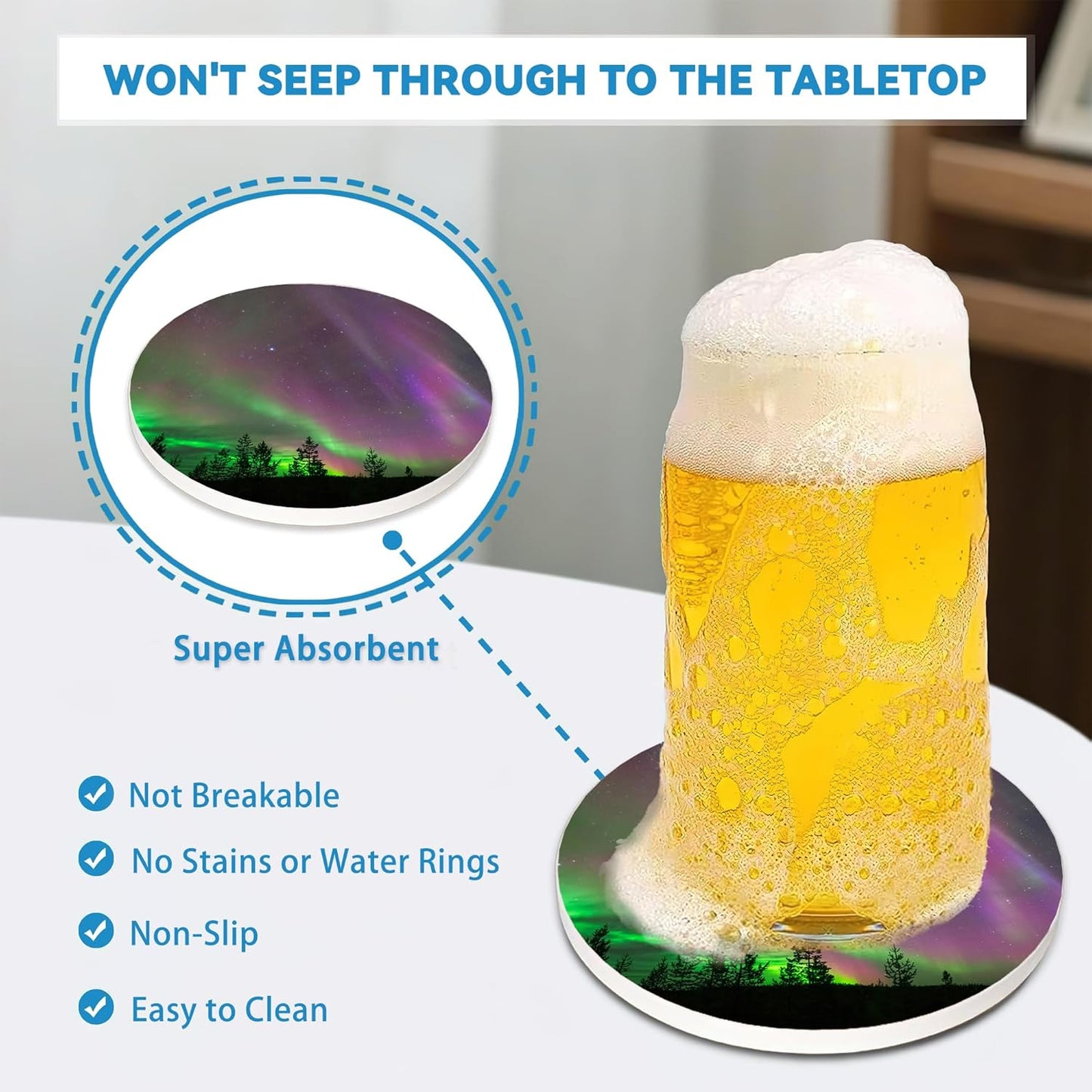 Drinks Coasters Set of 4, Aurora Round 4" Cup Coasters, Absorbent Ceramic Stone Coasters with Cork Base, Cute Coasters for Table Home Décor, Ideal Gifts for Women Men