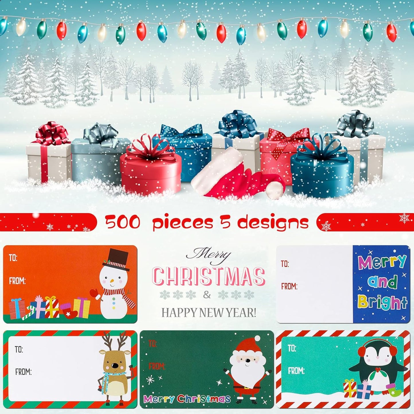 Outus 500 Pieces Christmas Tags Self Adhesive Gift Tags for Xmas Presents Christmas Name Labels Stickers for Wrapping Paper Festival Birthday Holiday Decor(Festive Style,2.95 x 1.6 Inch)