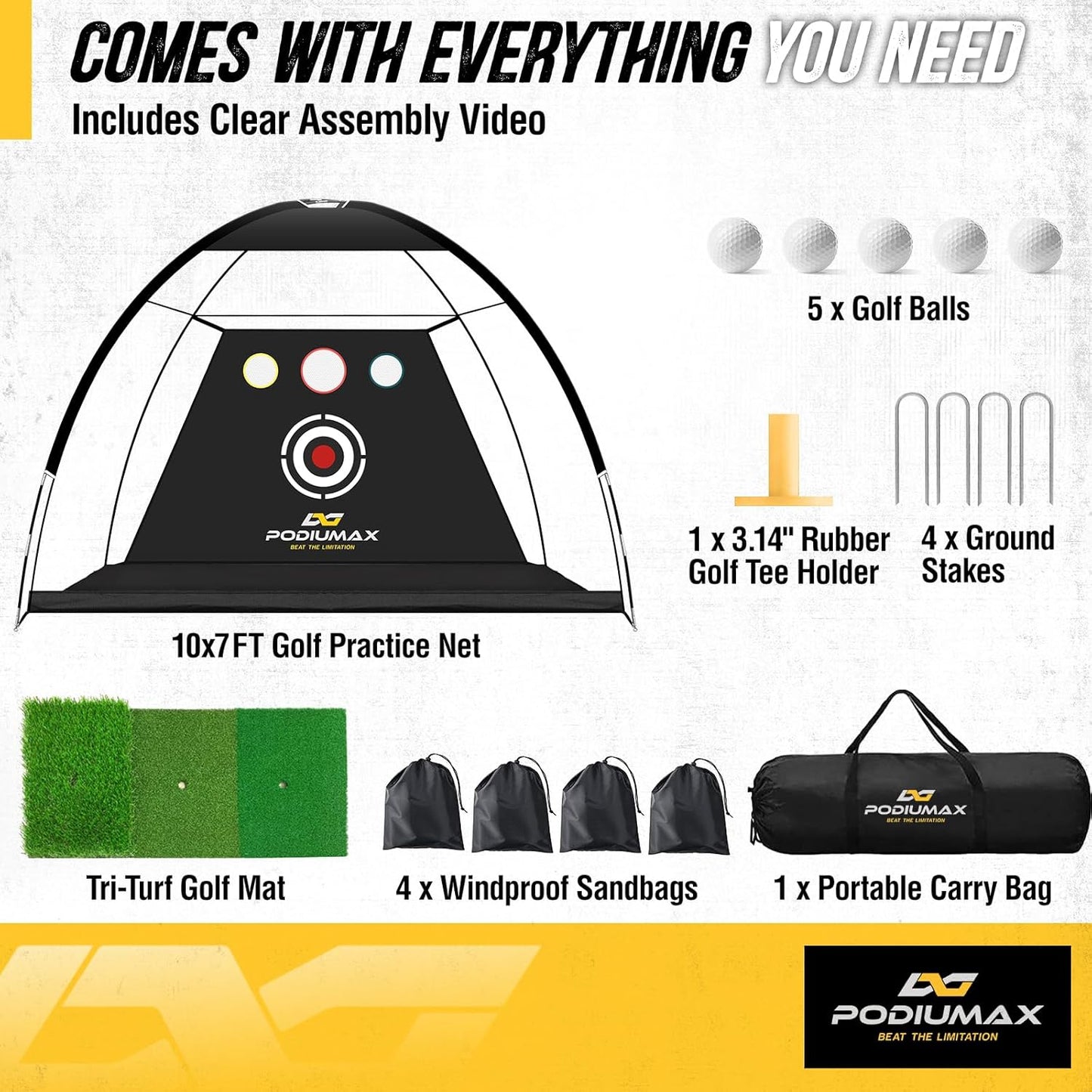 PodiuMax Golf Net, 10x7ft Golf Practice Net and Mat, Noise Reduce Target, 5 Balls, 4 Sandbags, Tee, Carry Bag, Hitting Nets for Backyard Garage, Indoor Driving Chiping, Gift for Men & Golfers