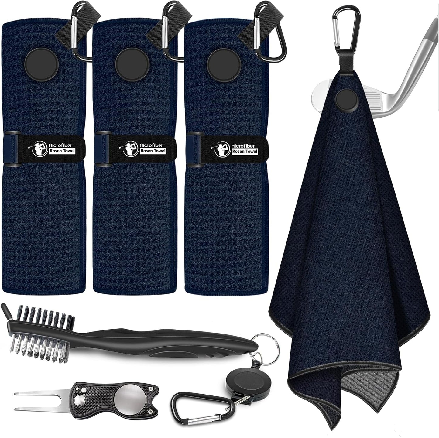 Magnetic Golf Towel, 3 PCS Microfiber Golf Towels with Wire Cleaning Cloth for Men, Industrial Strength Magnet Accessories for Strong Hold to Golf Bags, Carts or Clubs (3 Pack Black)