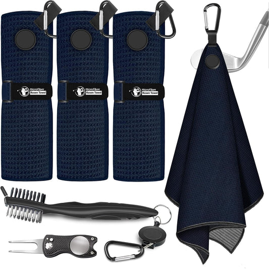 Magnetic Golf Towel, 3 PCS Microfiber Golf Towels with Wire Cleaning Cloth for Men, Industrial Strength Magnet Accessories for Strong Hold to Golf Bags, Carts or Clubs (3 Pack Black)