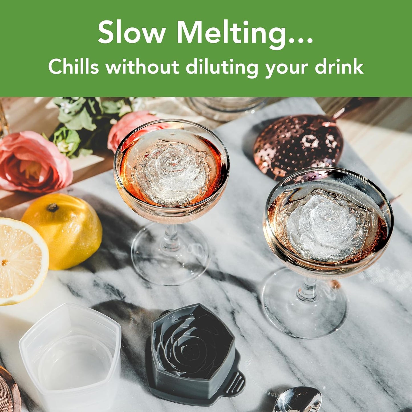 Tovolo Rose Shaped Ice Molds, Set of 2 - Large Romantic Ice Mold Gift - Unique Ice Mold Chills Drinks - Odor-Free Freezer Storage, Dishwasher-Safe with Silicone Plunger