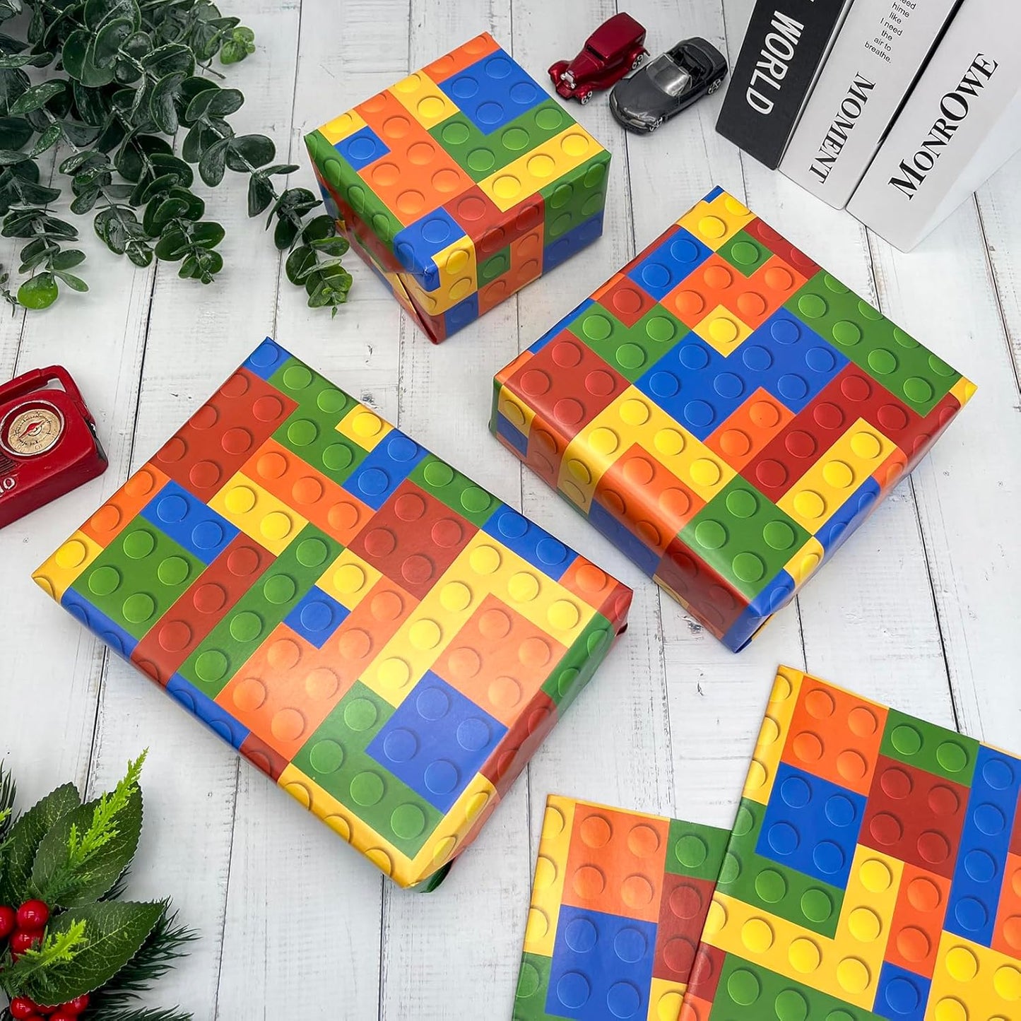 Dtiafu Building Blocks Wrapping Paper - Cute Birthday Wrapping Paper for Boys Girls - 20 X 28 Inch Per Sheet (6 Sheet)