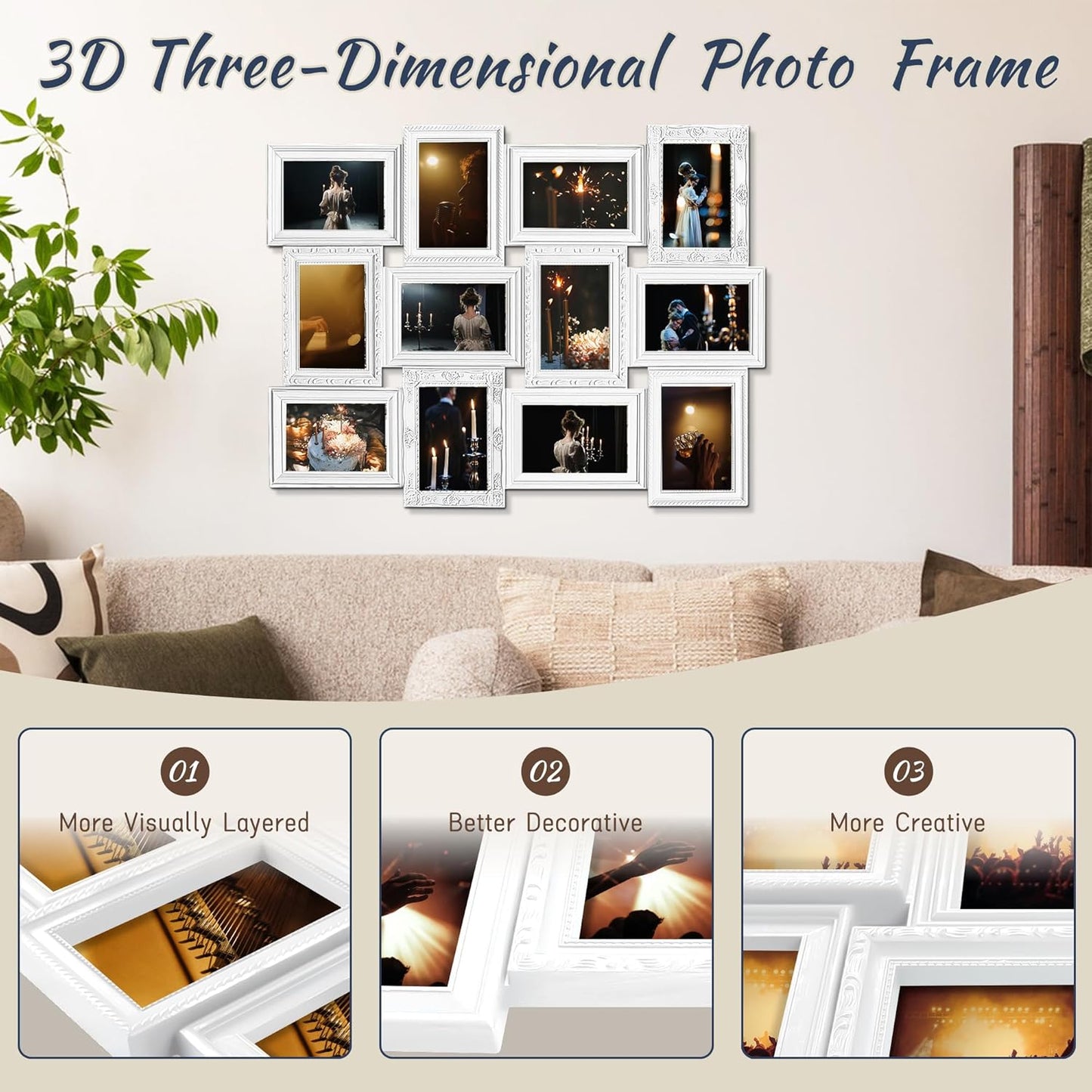 Jerry & Maggie 12 Opening Collage Photo Frame Rustic 23×18 Vintage Embossed Finish PVC Picture Frames Selfie Gallery Collage Wall Hanging For 6×4 Photo, White