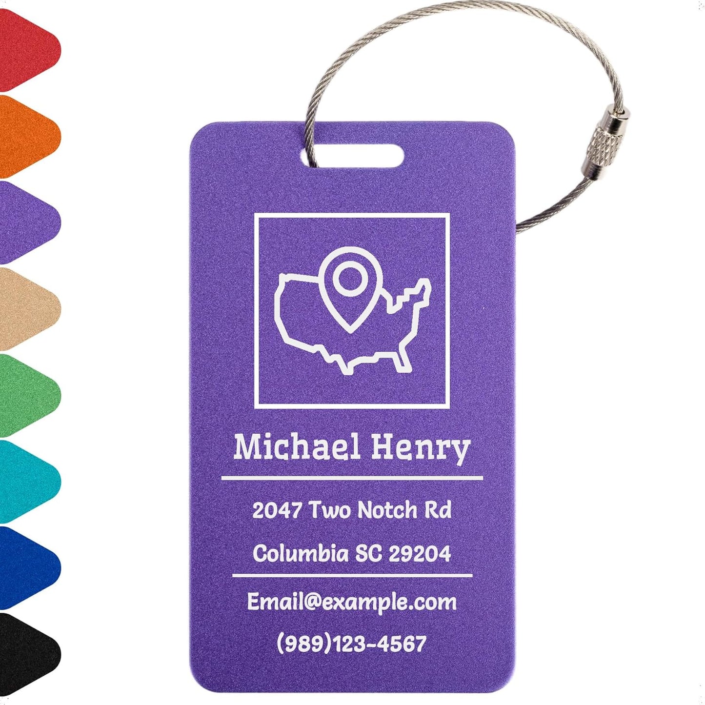 Personalized Luggage Tags for Suitcases Custom Metal Name Tags for Backpacks Bags Travel - Vertical (Purple)