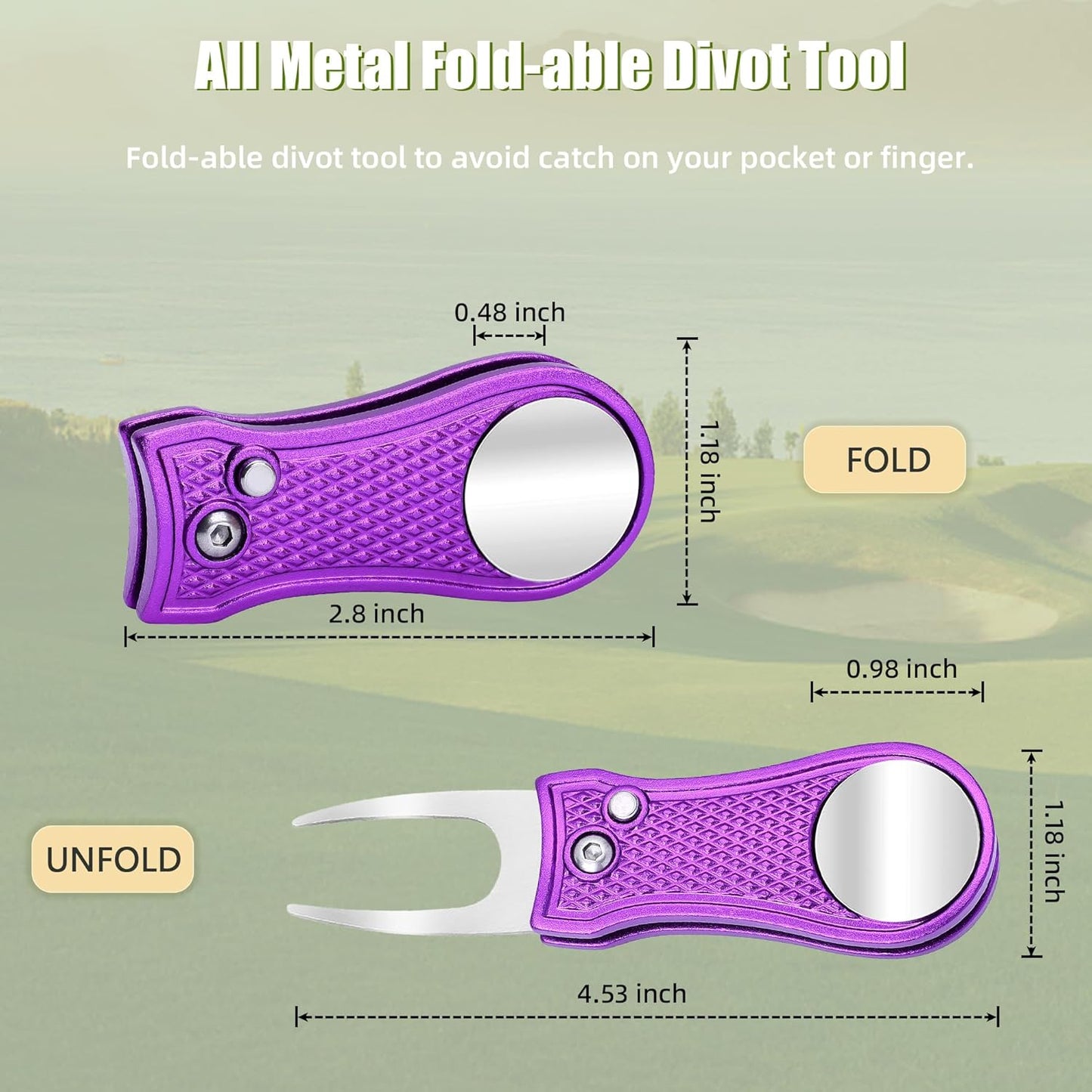 Mile High Life Golf Divot Repair Tool, All Metal Foldable Divot Tool with Pop-up Button & Magnetic Ball Marker