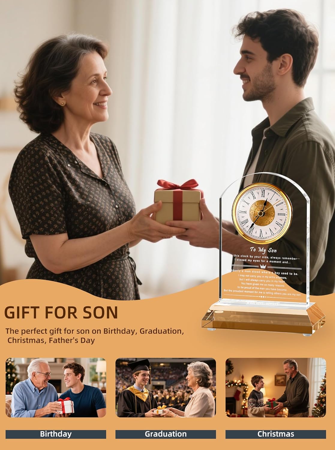 DEEWISH to My Son Gift from Mom or Dad, Birthday Graduation Christmas Father’s Day Present for Son Adult, Inspirational Desk Clock with Gift Box & Card (Battery Not Included)