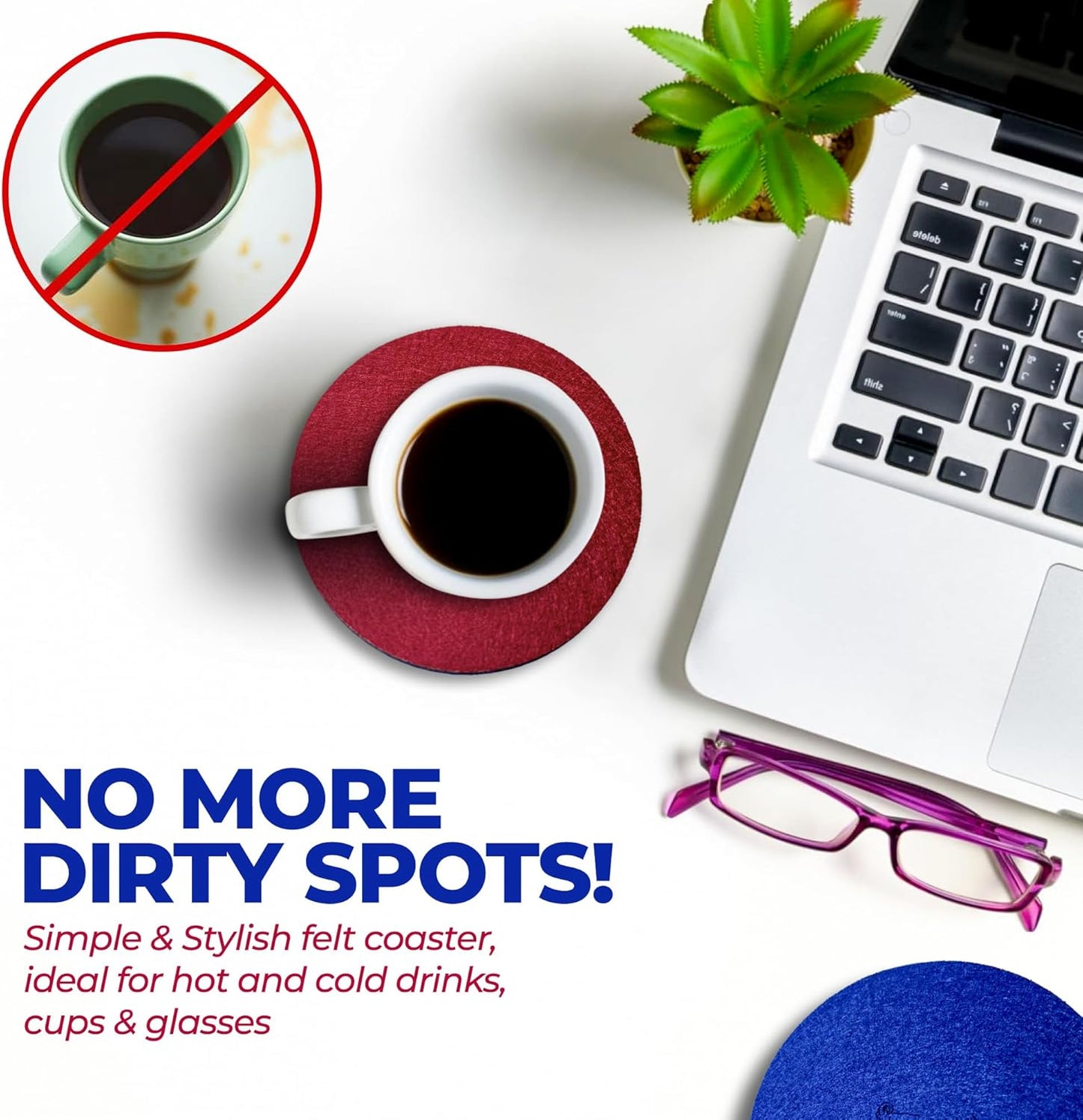 A&A Wonders Premium Felt Coasters for Drink, Absorbent Felt Protects Furniture, Table, Anti Slip, Absorbent, Suitable for Drinks & All Table Types (Wine Red/Royal Blue, All 3 Style, 6 of Each Style)