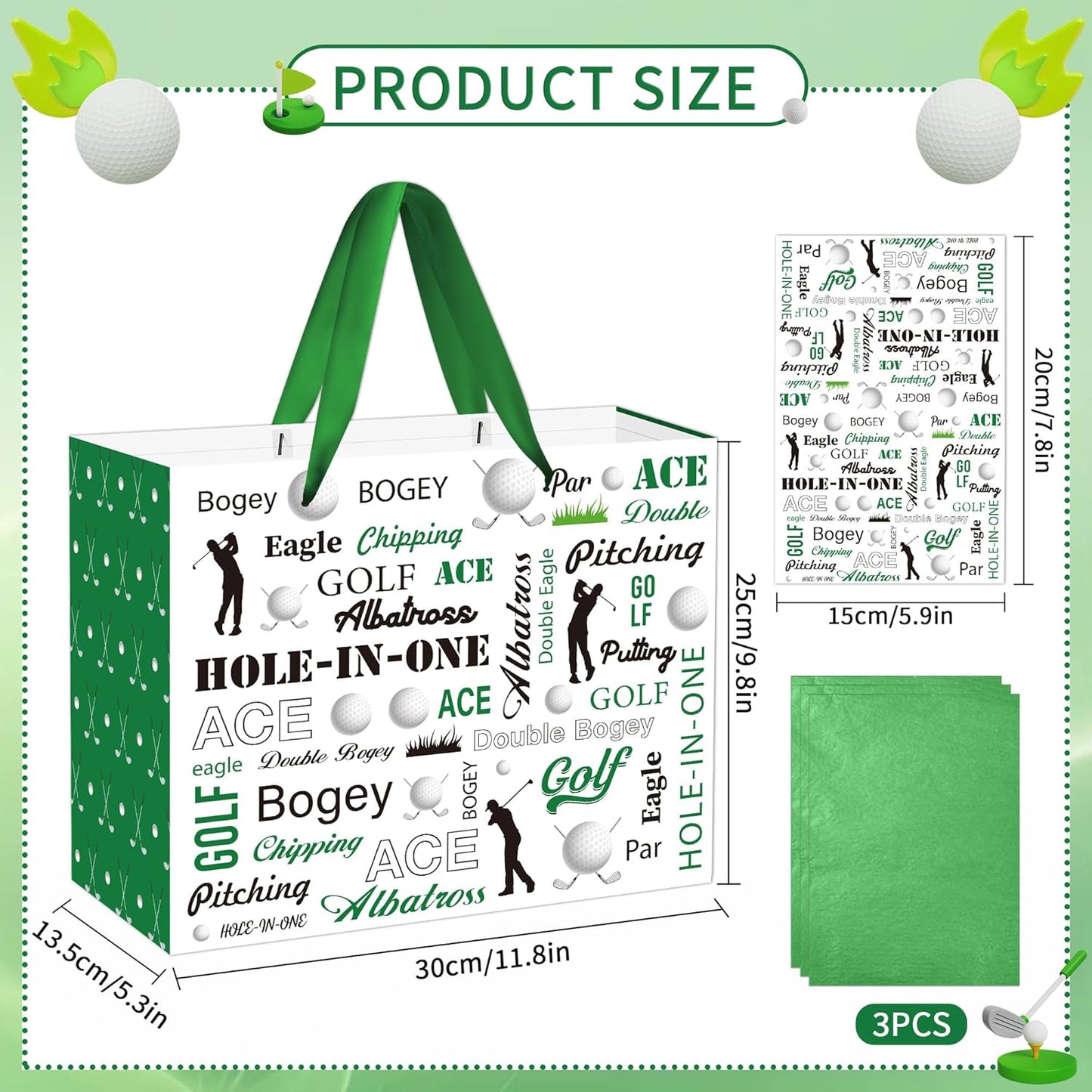 EoBeCy Golf Gift Bag with Handles, Tissue Paper and Greeting Card, Green Golf Wrapping Paper for Men Boys Kids Sports Themed Birthday Party Favors Supplies Decorations