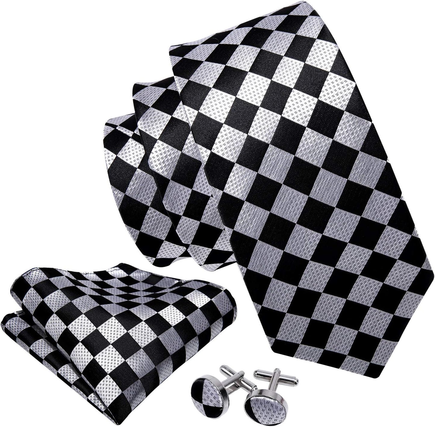 Barry.Wang Designer Classic Ties for Men Set Formal Pocket Square Cufflink Check Plaid