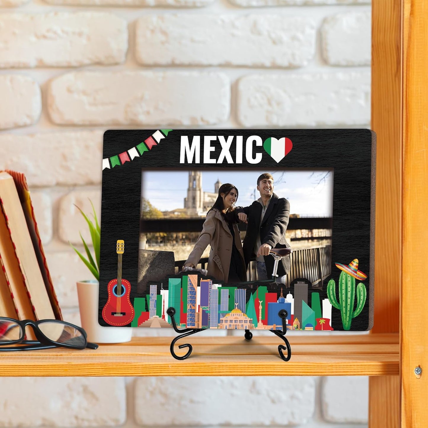 Mexic Travel Picture Frame, 5 x 8 Mexic Themed Wooden Photo Frame with Stand, Vacation Anniversary Honeymoon Gifts For Friend Family Couples, Home Office Desk Decorations-A10