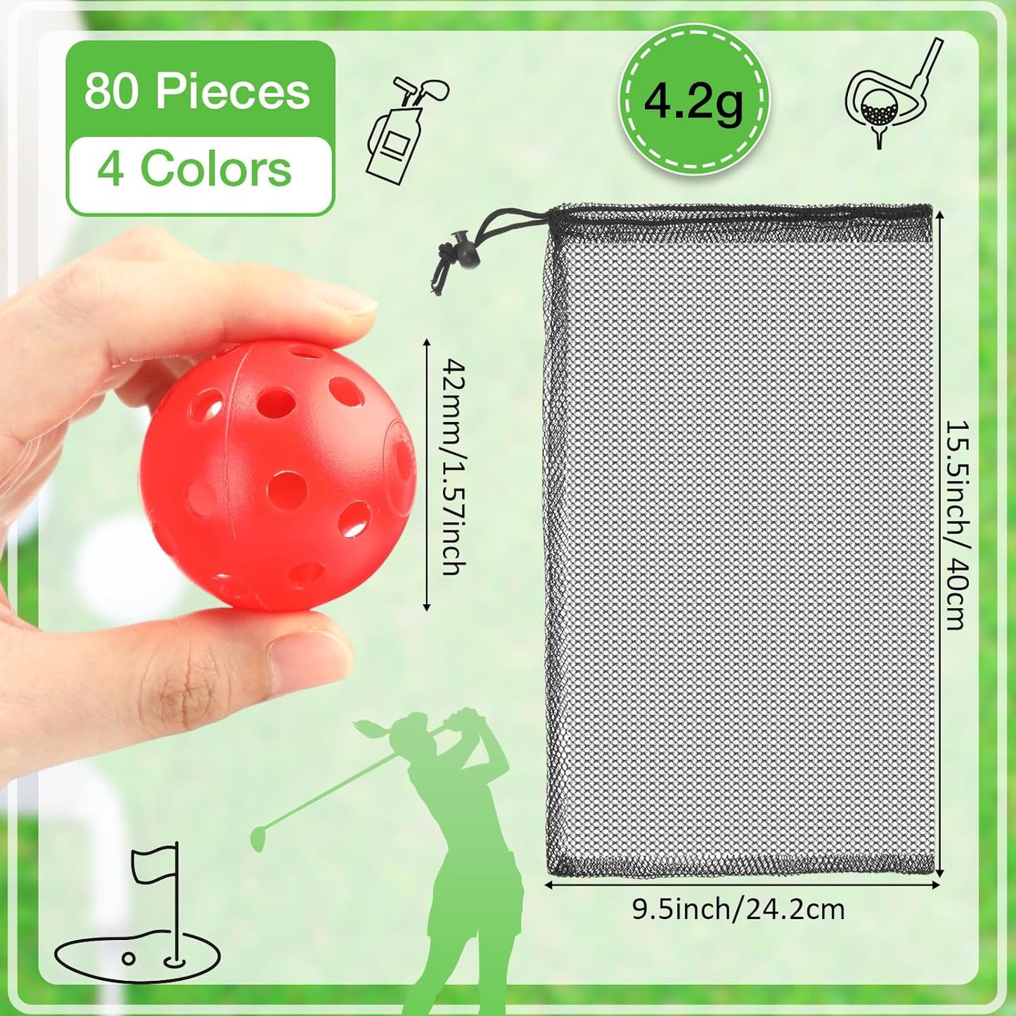 80 Pack Practice Golf Balls Limited Flight 42 mm Golf Training Airflow Hollow Plastic Ball for Women Men Indoor Outdoor Driving Range Swing Practice Home