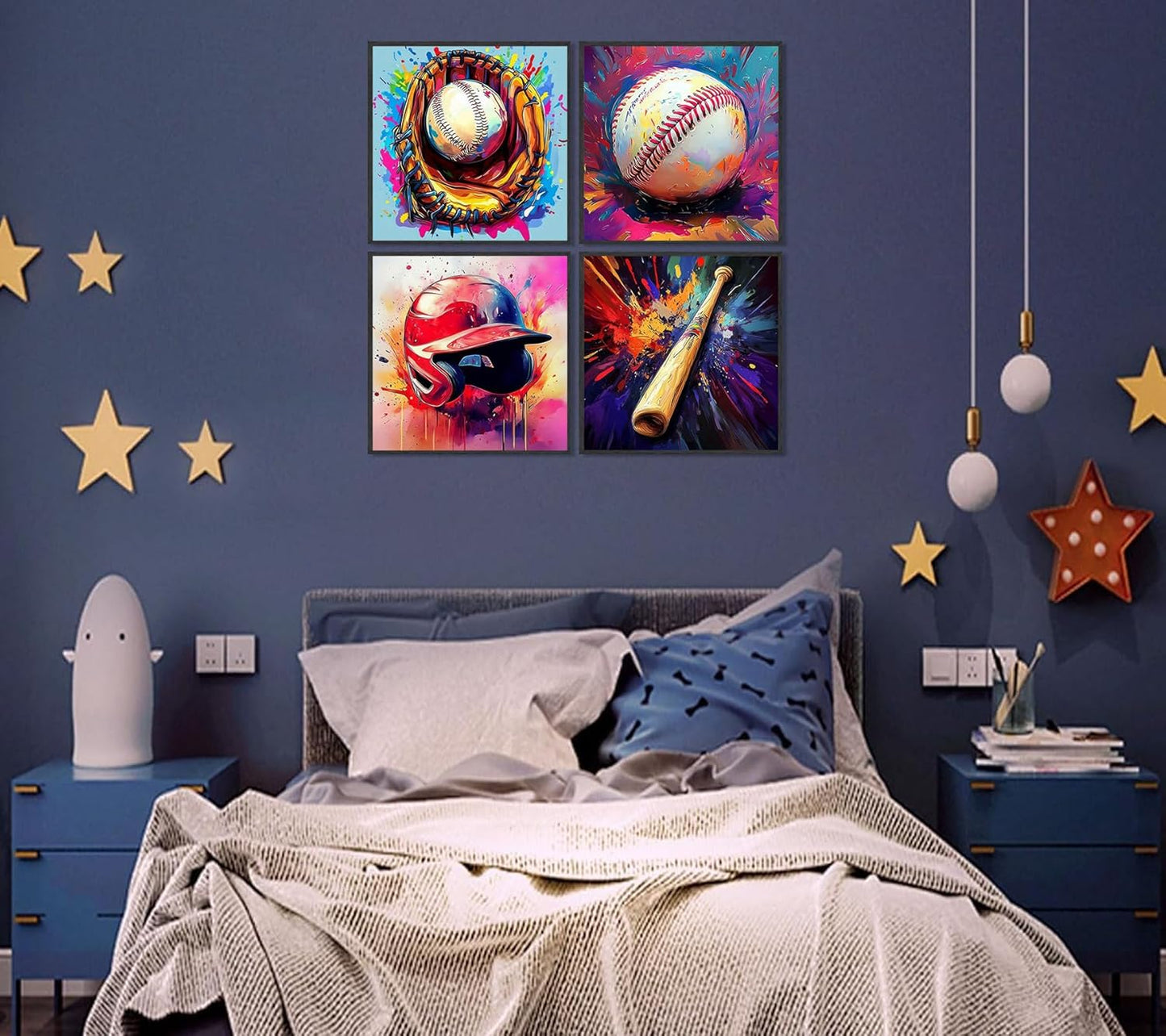 4Pcs Baseball Wall Art Boys Room Rustic Baseball American Football Painting Picture Wall Decor Modern Graffiti Poster Print Artwork for Man Cave Man Bedroom Living room Playroom Home Decoration